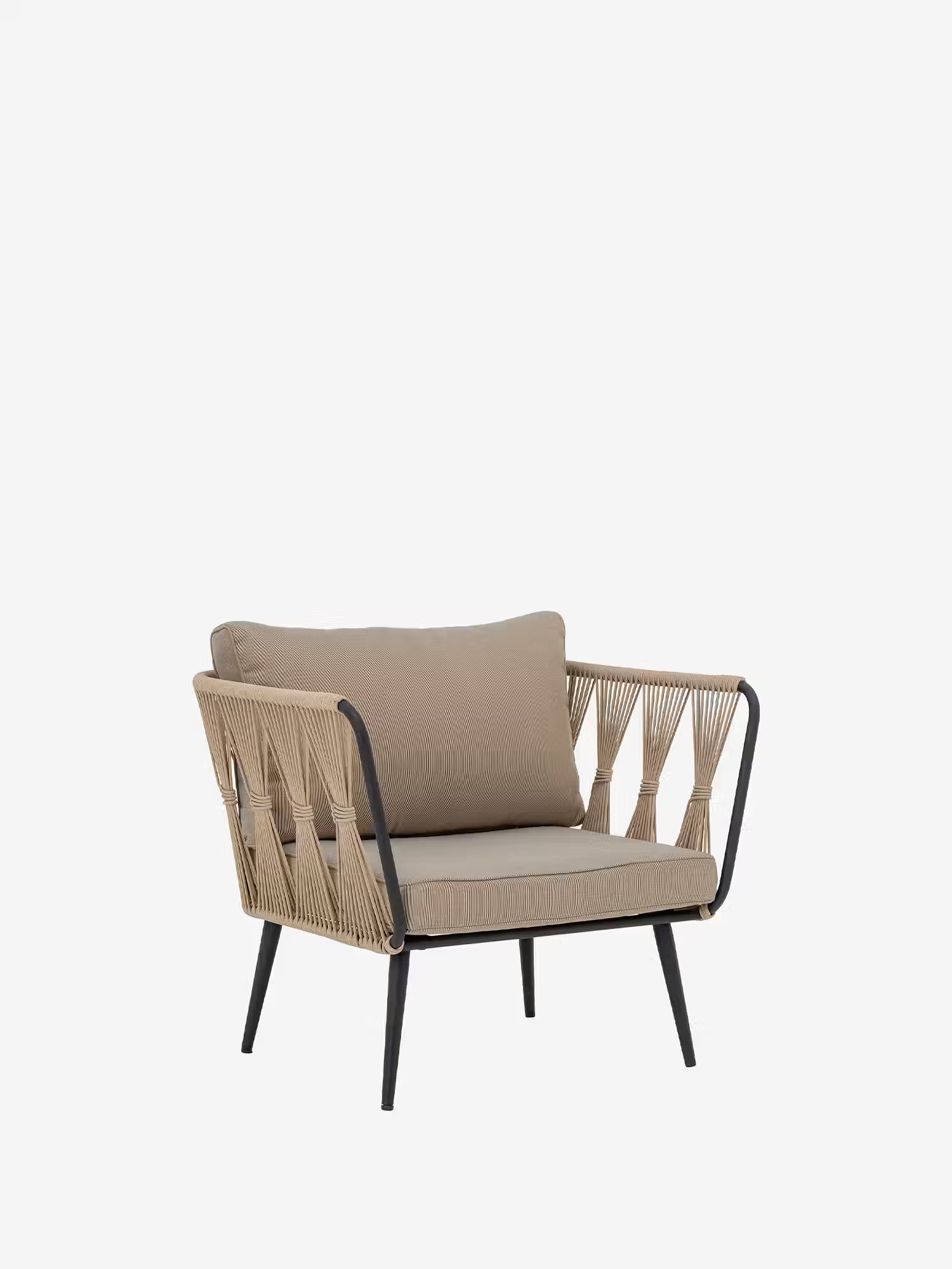 Pavone Outdoor armchair in black metal and beige woven rope - minimal Nordic design