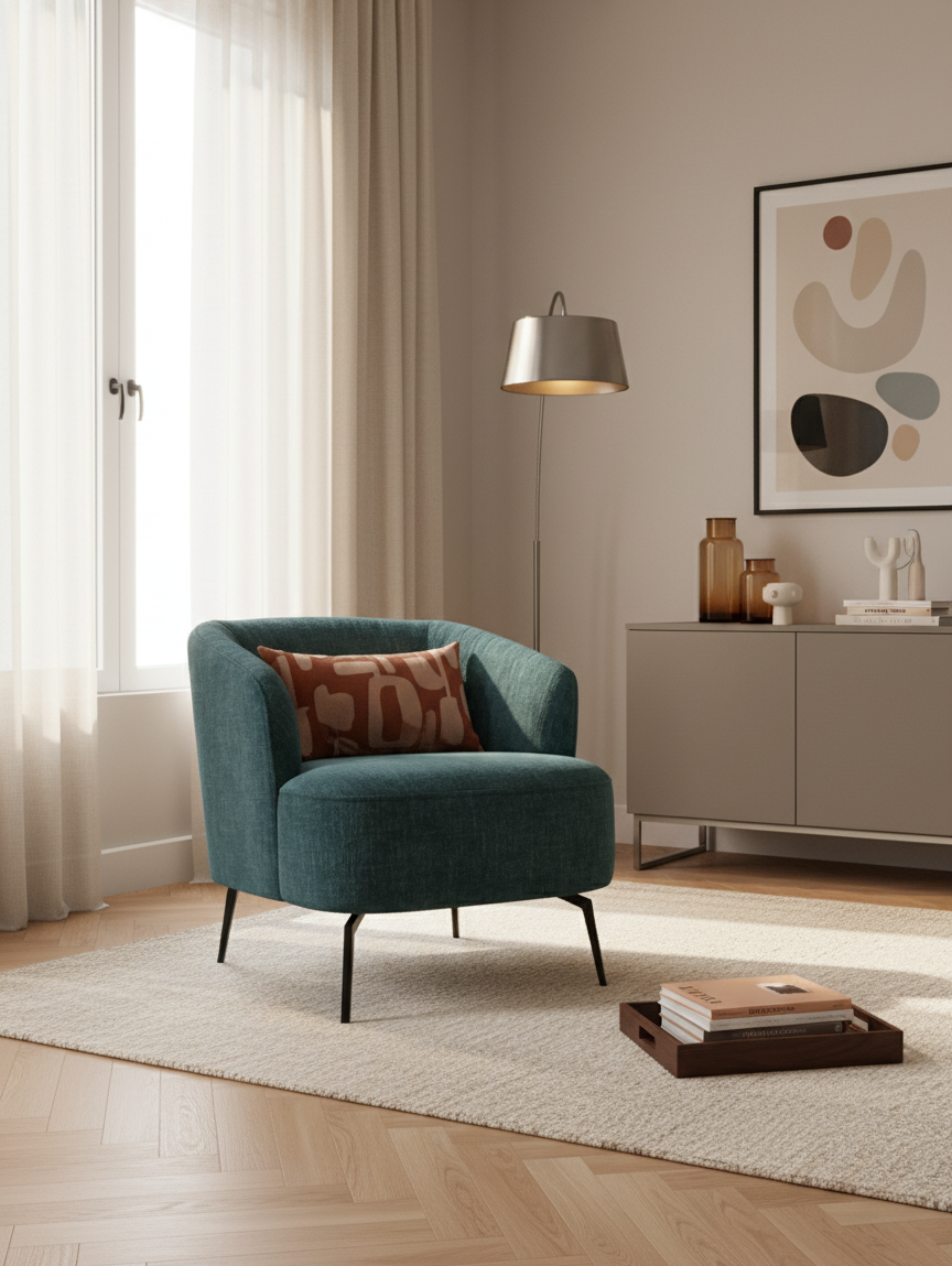 Renoa poltroncina moderna con influenze retrò in morbida ciniglia smacchiabile