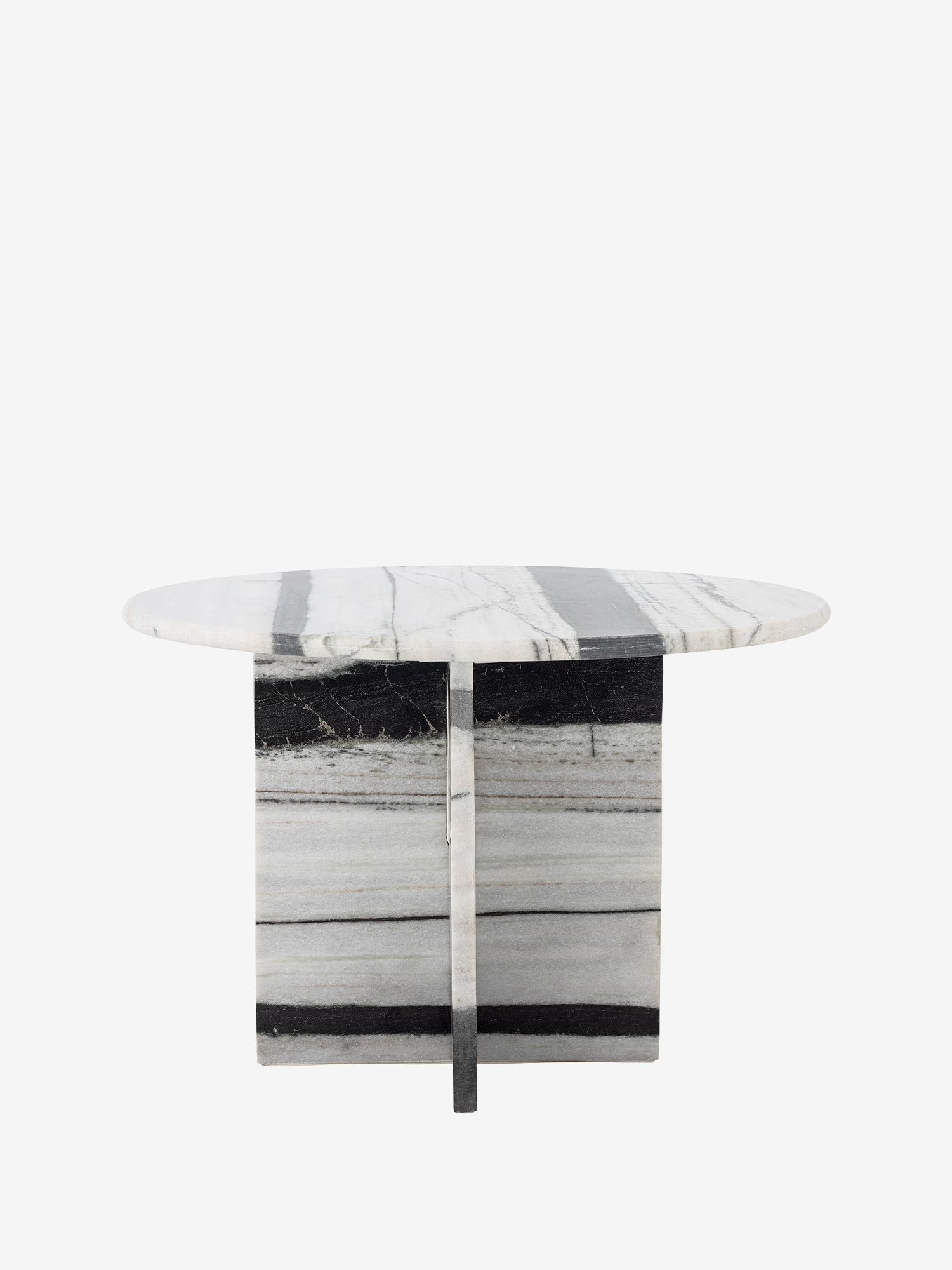 Rosito Low round coffee table in white marble with black veins and sculptural base
