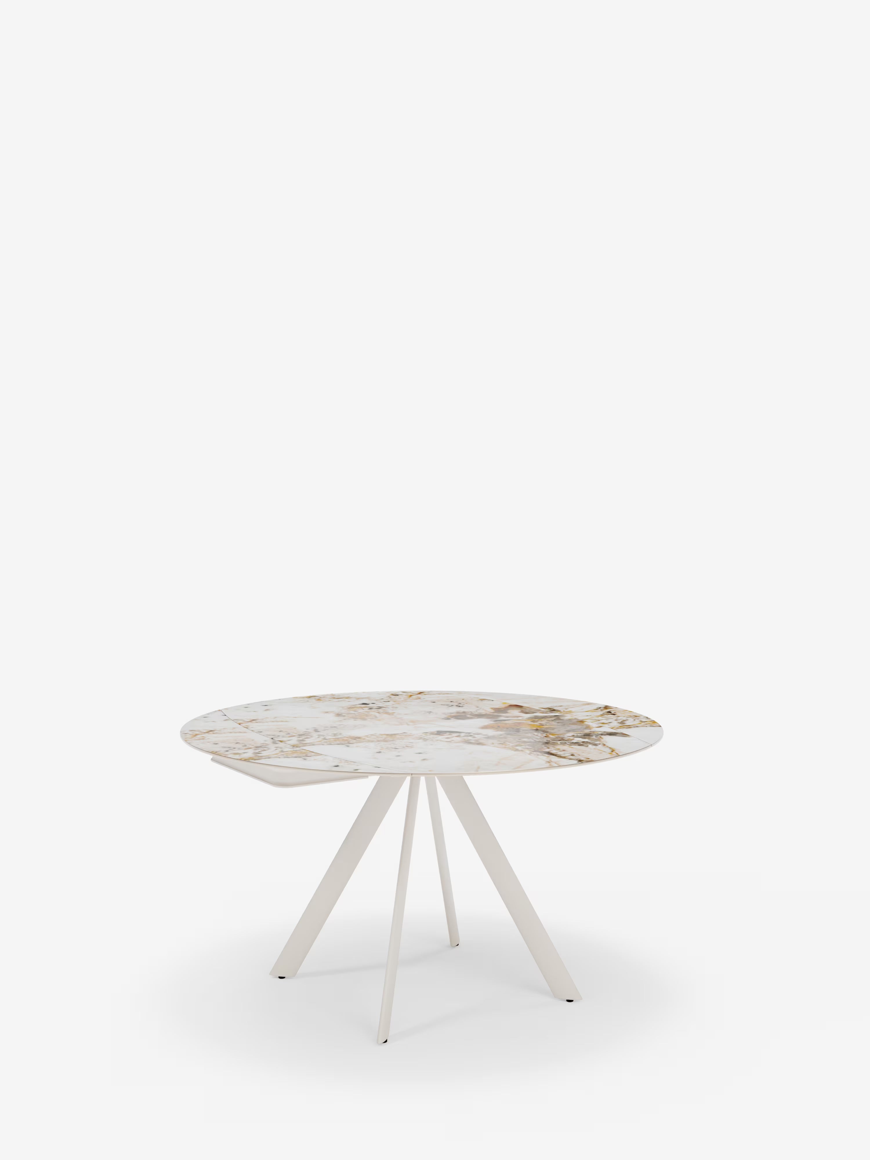 Round Mesa extensible efecto mármol Pandora – base de metal blanco 135 (Ø 135) x 87 cm