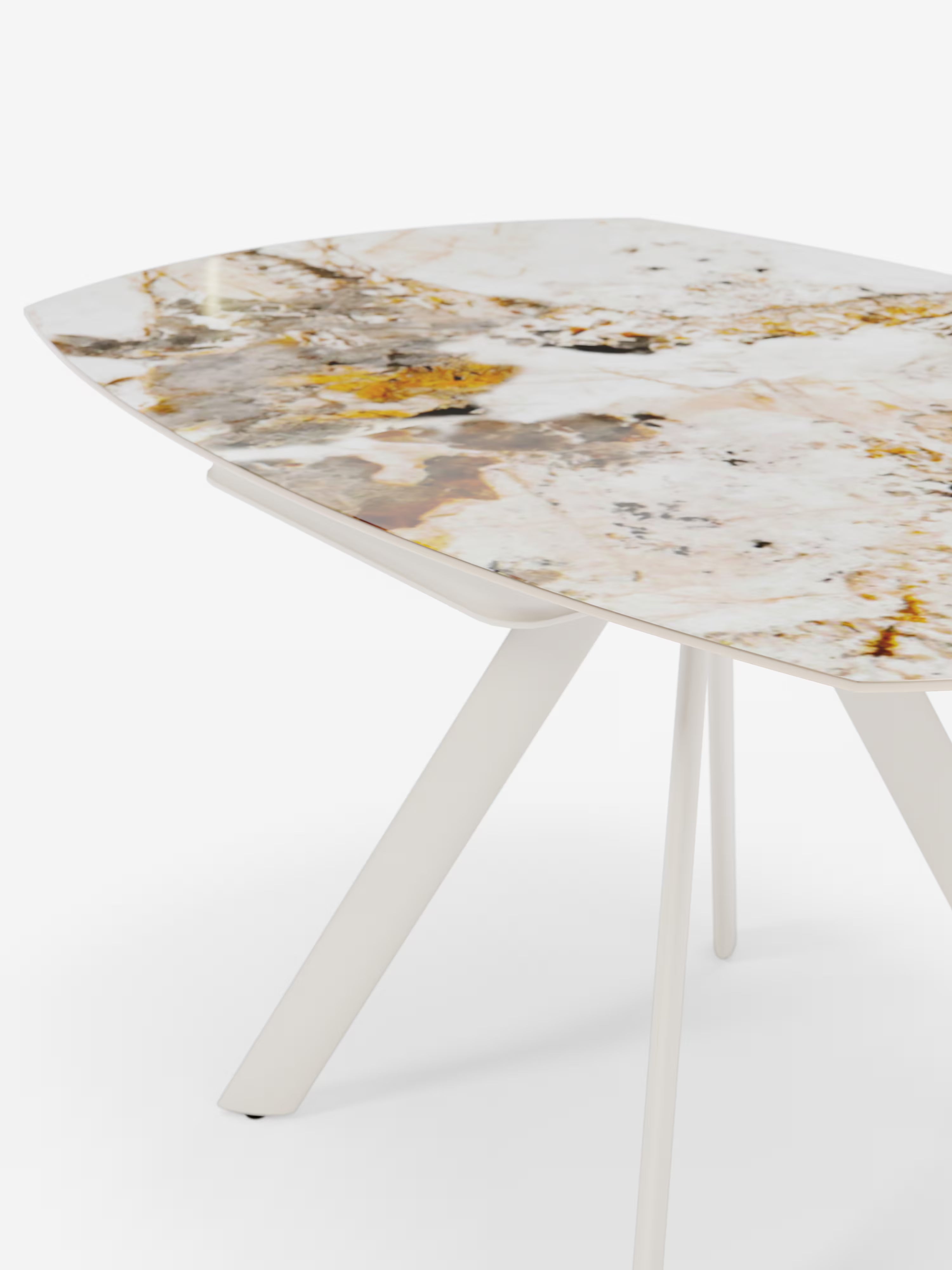 Round Mesa extensible efecto mármol Pandora – base de metal blanco 135 (Ø 135) x 87 cm