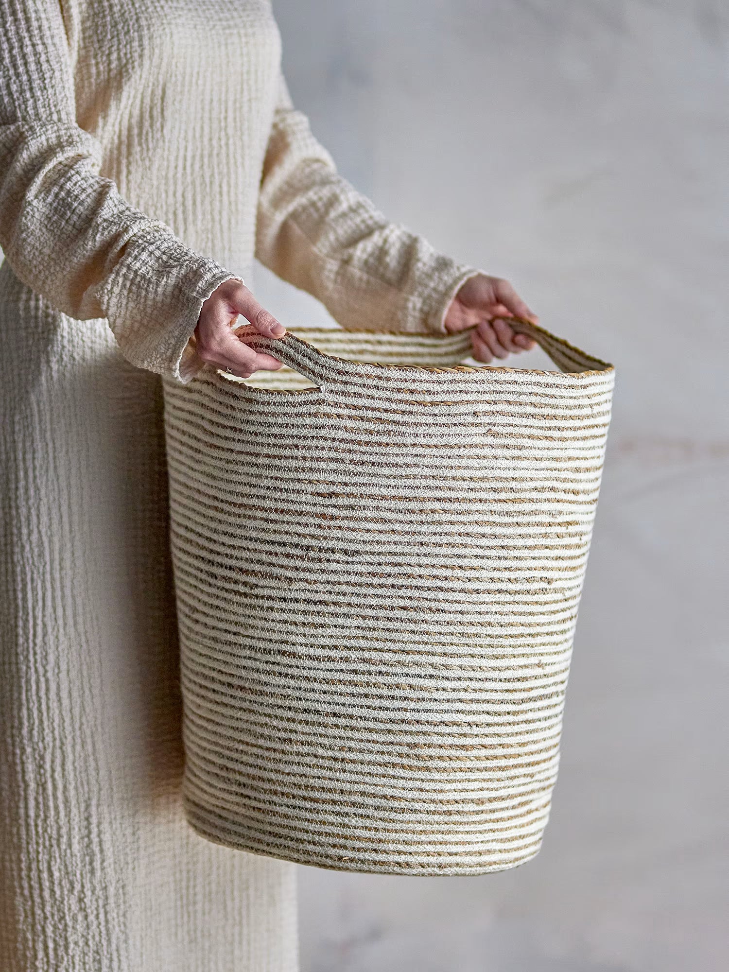 Selena White jute storage basket with natural striped pattern