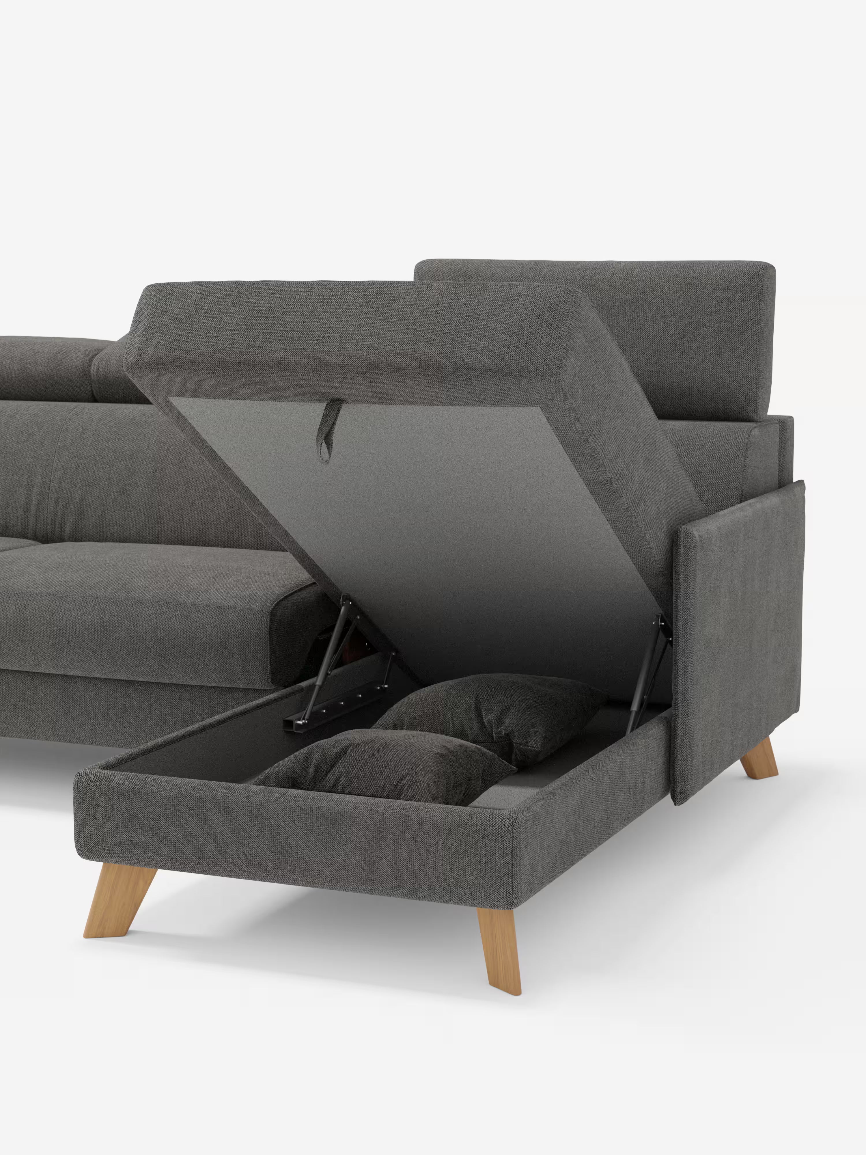 Sole Divano letto angolare con penisola contenitore – poggiatesta reclinabili e rivestimento smacchiabile