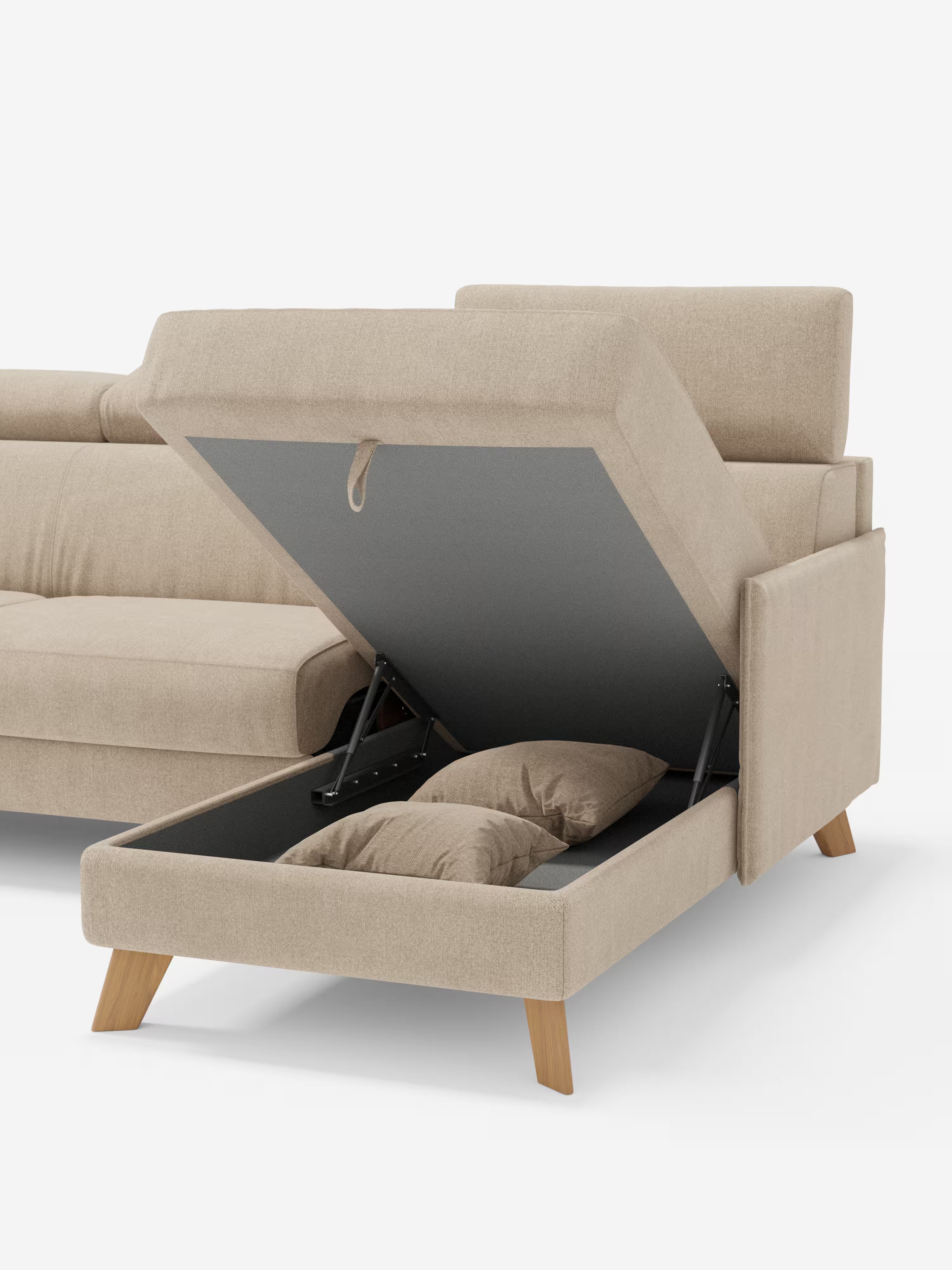 Sole Divano letto angolare con penisola contenitore – poggiatesta reclinabili e rivestimento smacchiabile