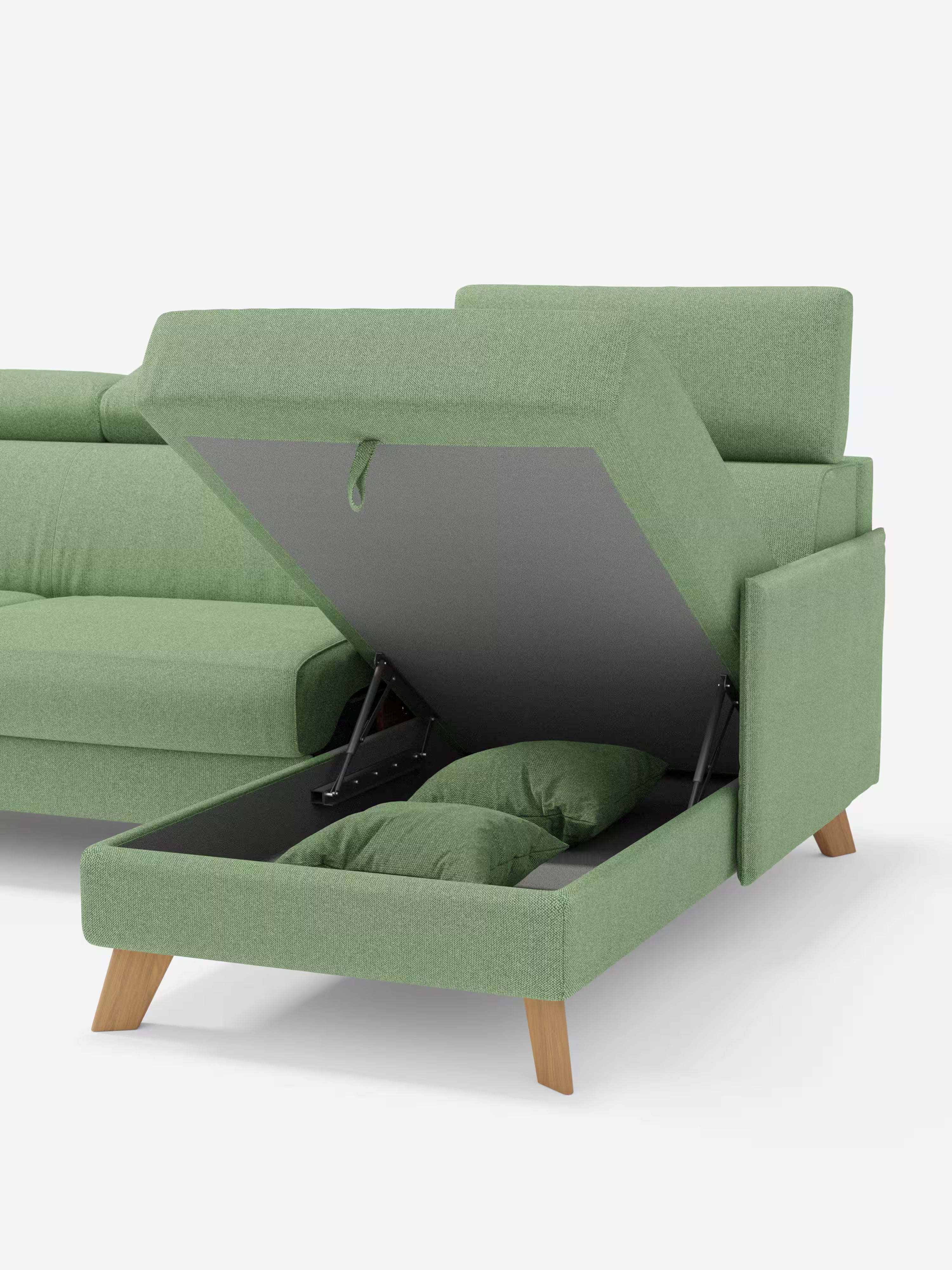 Sole Divano letto angolare con penisola contenitore – poggiatesta reclinabili e rivestimento smacchiabile