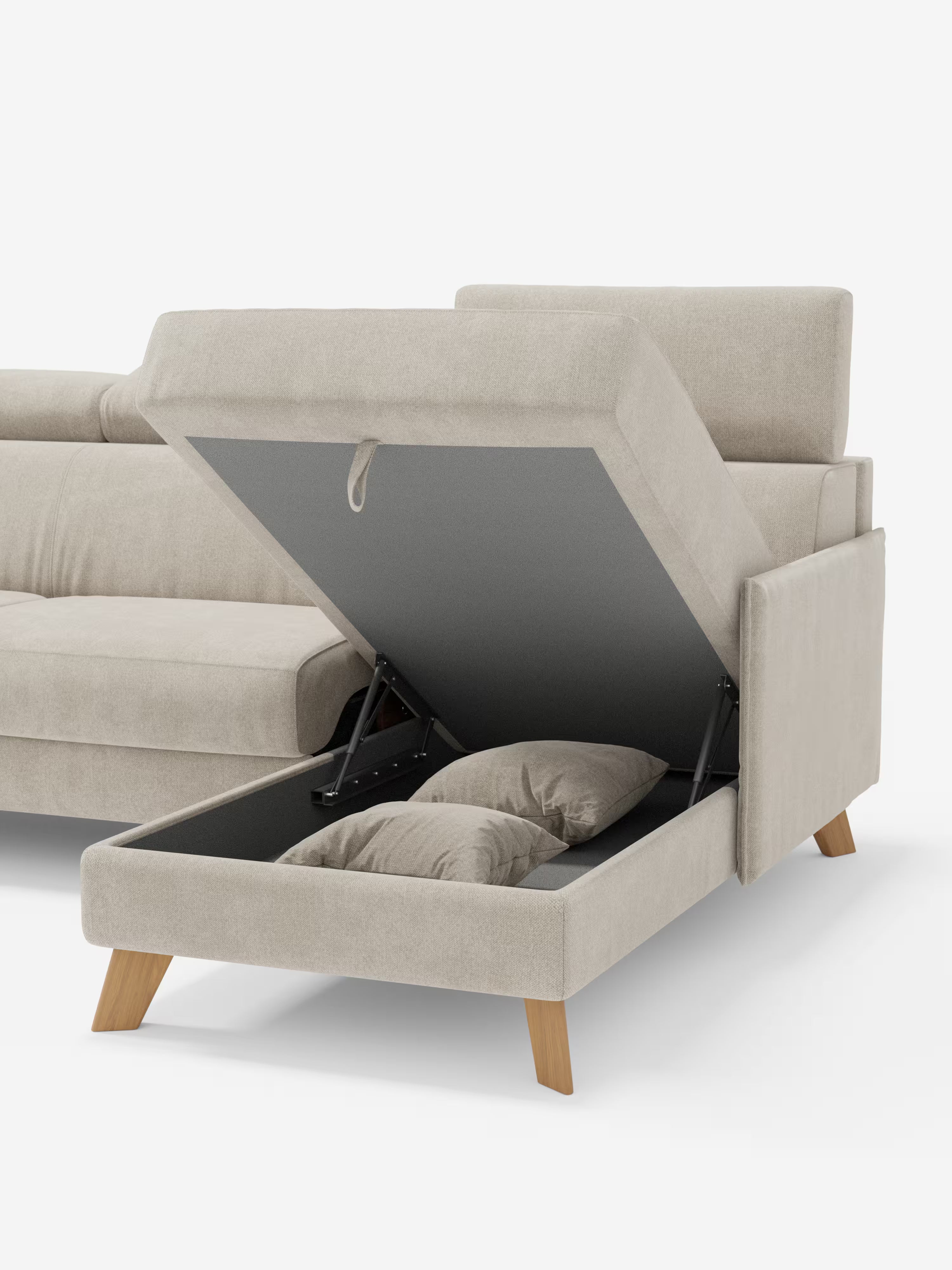 Sole Divano letto angolare con penisola contenitore – poggiatesta reclinabili e rivestimento smacchiabile