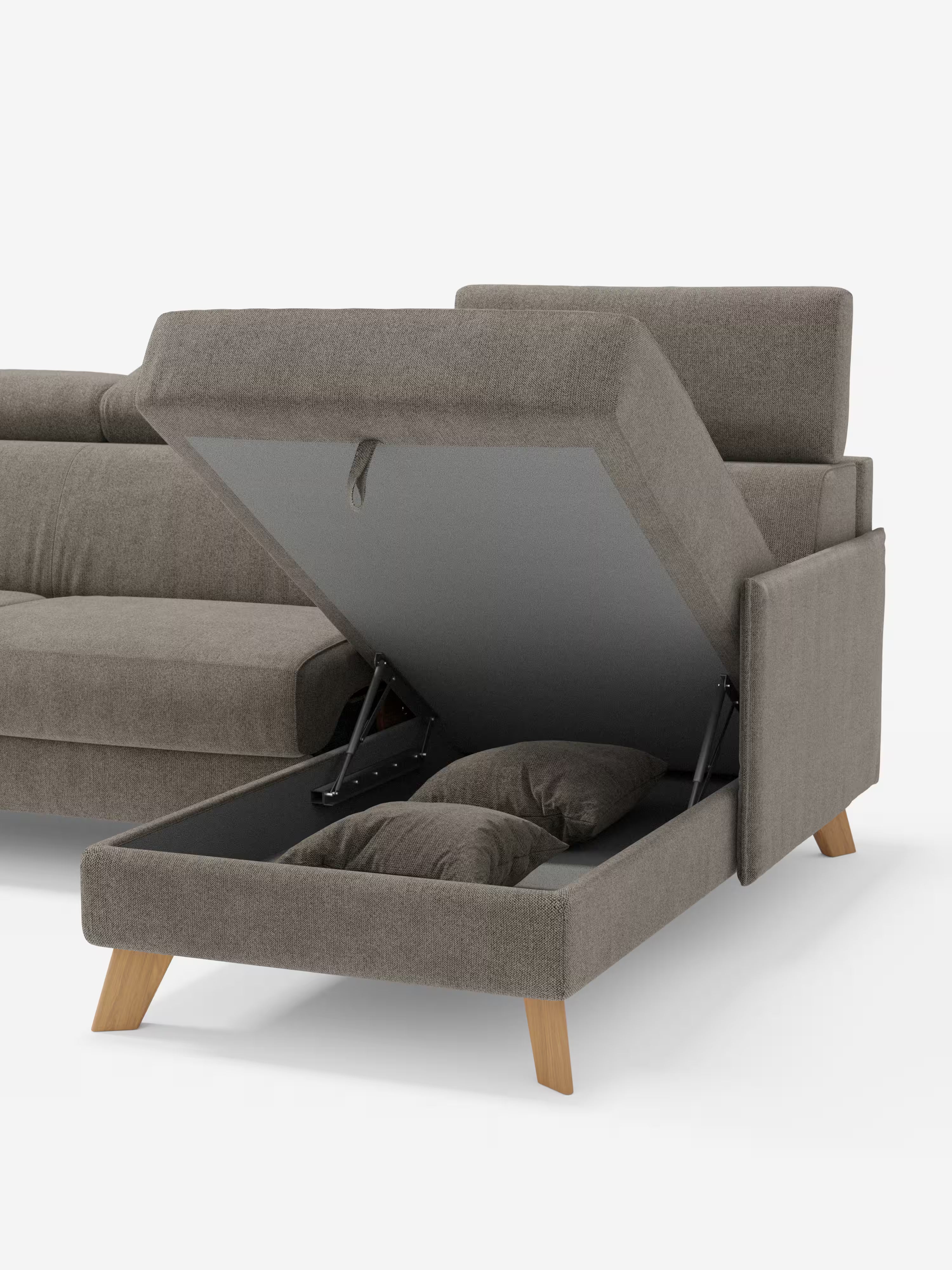 Sole Divano letto angolare con penisola contenitore – poggiatesta reclinabili e rivestimento smacchiabile