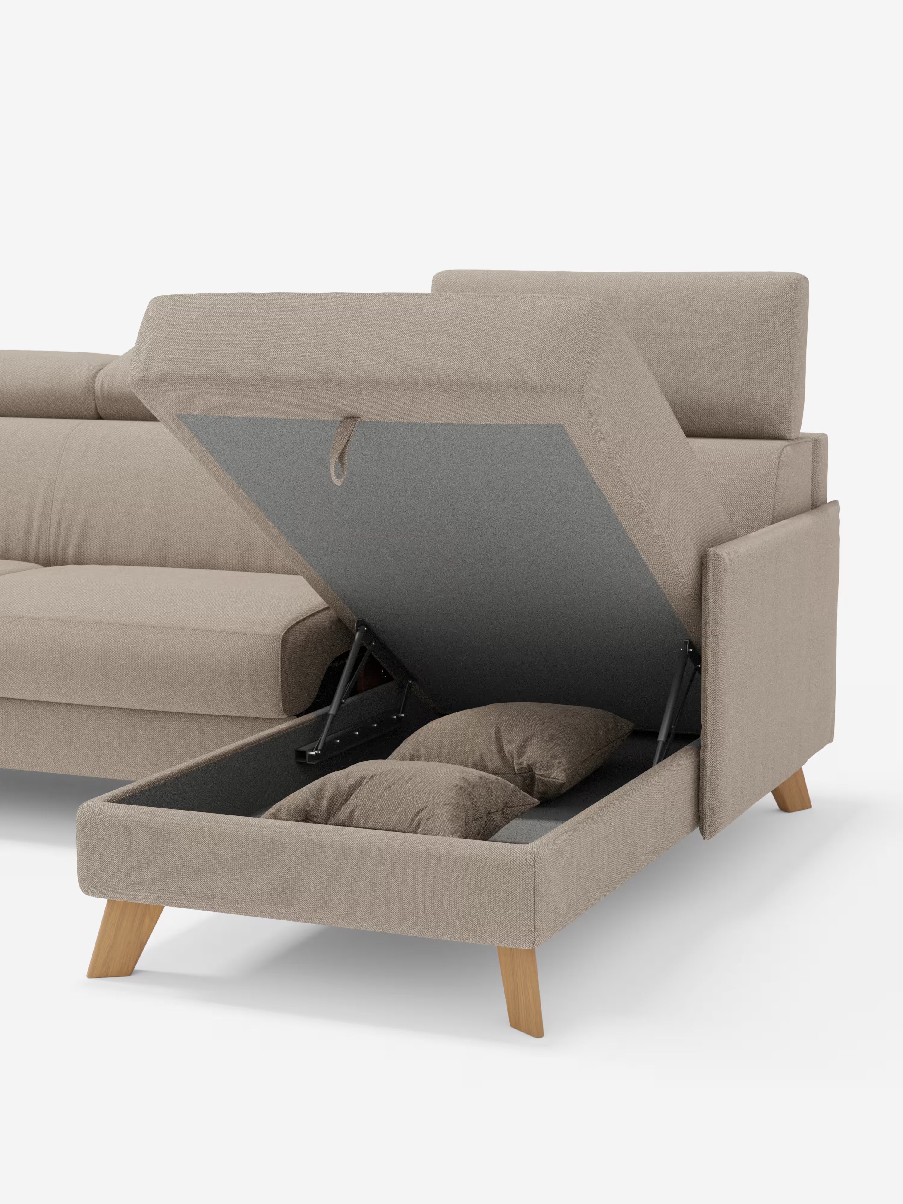 Sole Divano letto angolare con penisola contenitore – poggiatesta reclinabili e rivestimento smacchiabile