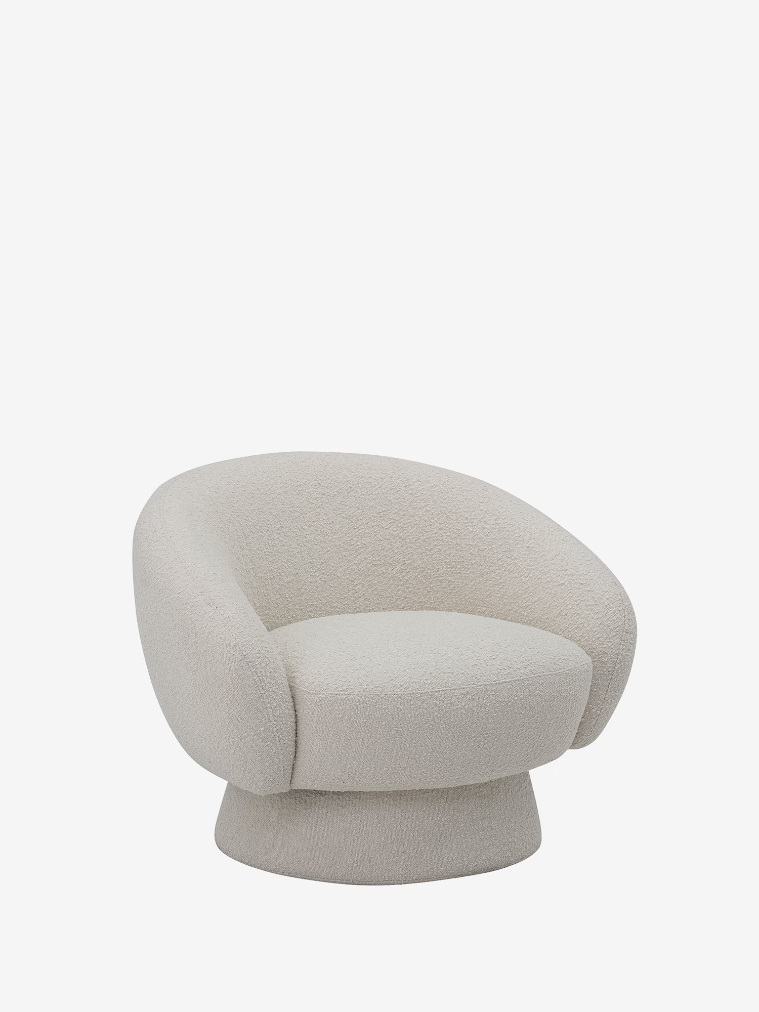 TED Poltroncina lounge di design in tessuto bouclé bianco con base centrale e schienale avvolgente