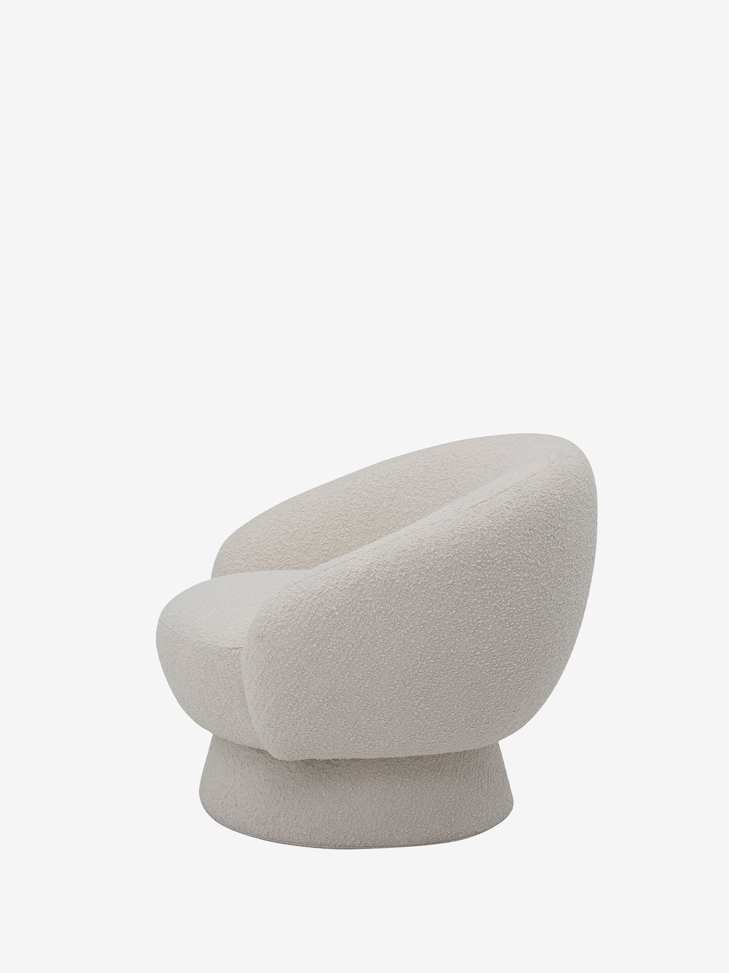 TED Poltroncina lounge di design in tessuto bouclé bianco con base centrale e schienale avvolgente