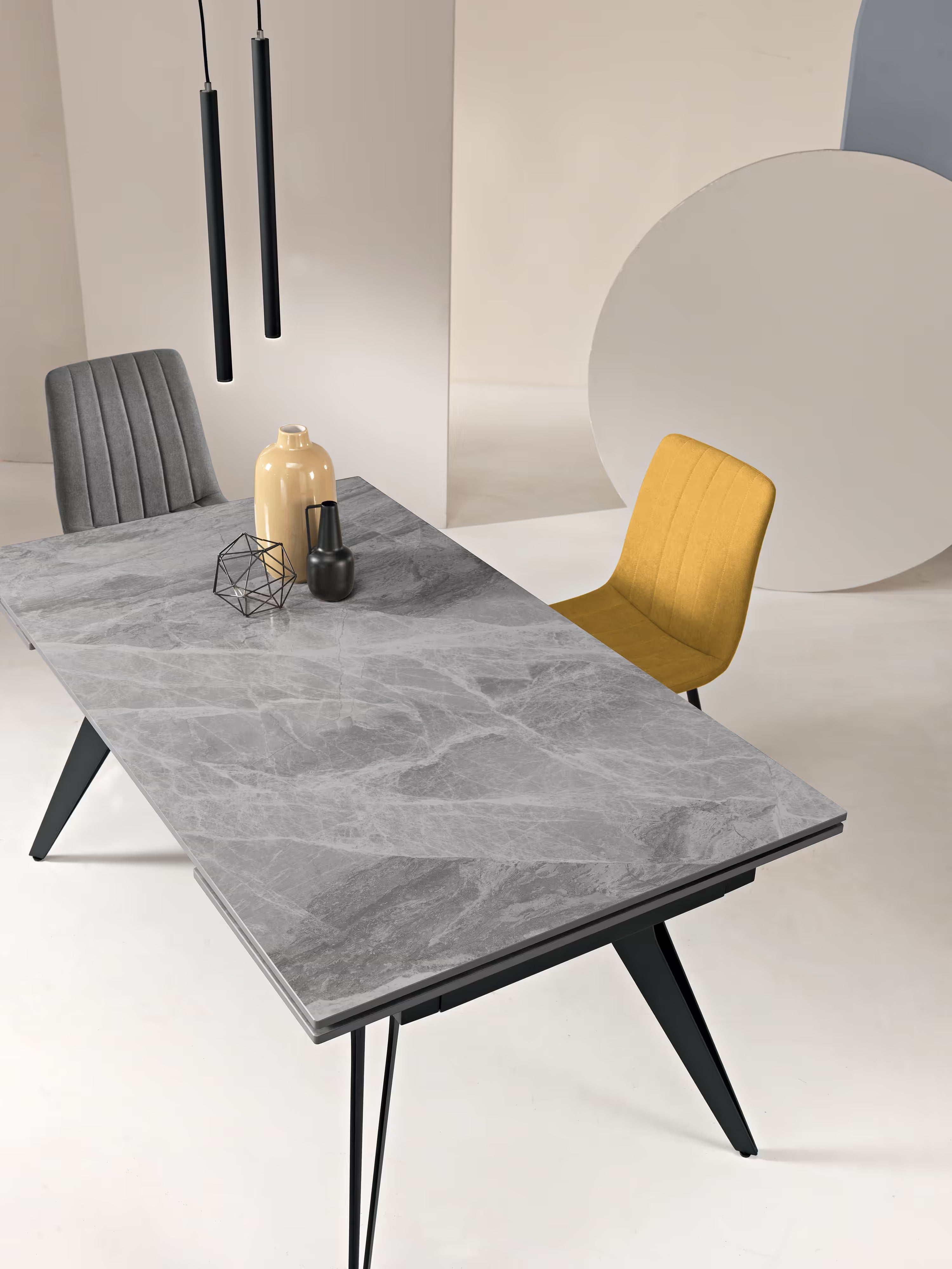 Thor Extendable table with grey marble effect – black metal base 160 (240) x 90 cm
