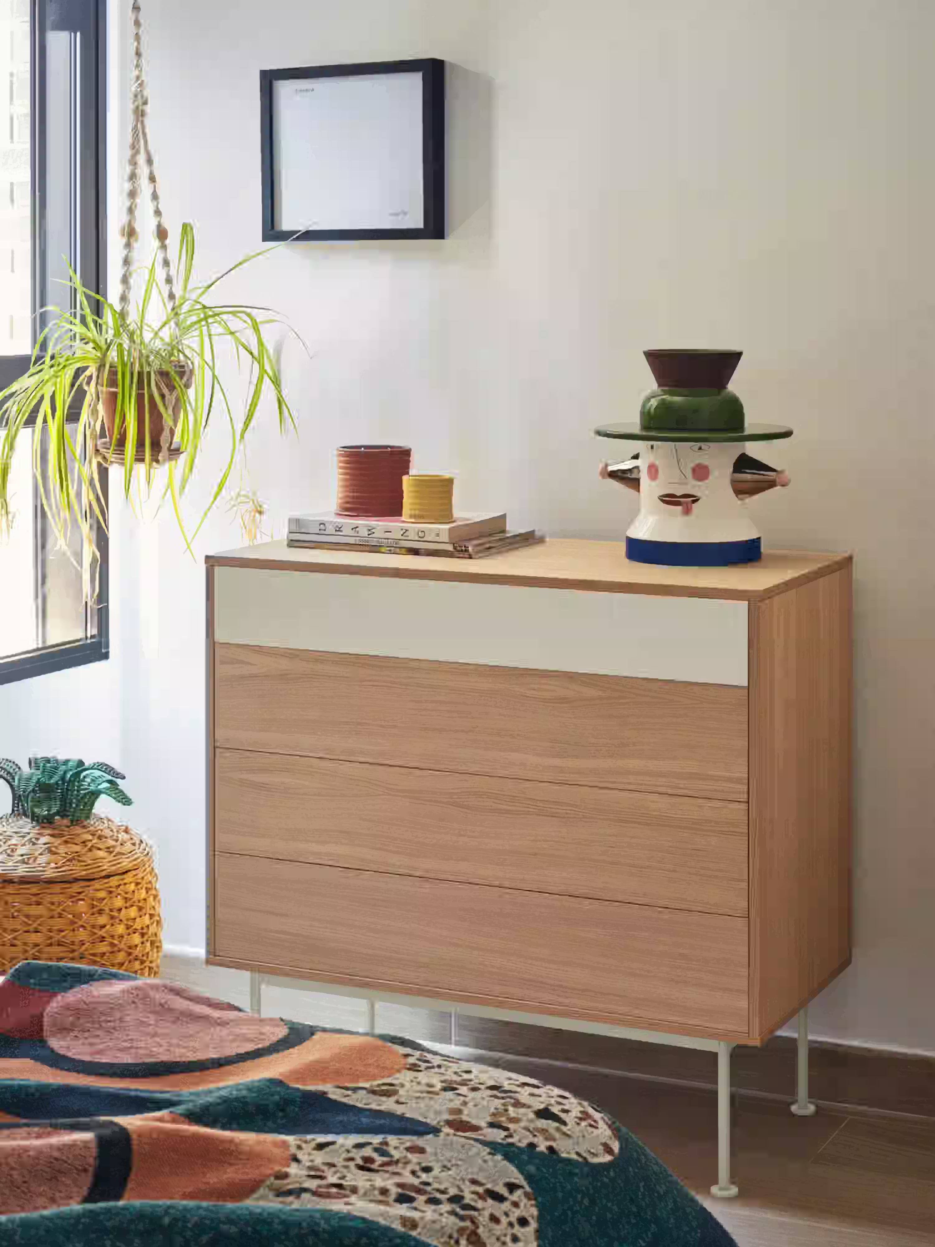 Yoko Cassettiera in rovere con cassetto superiore laccato - comò con base in metallo 90 x 91 cm