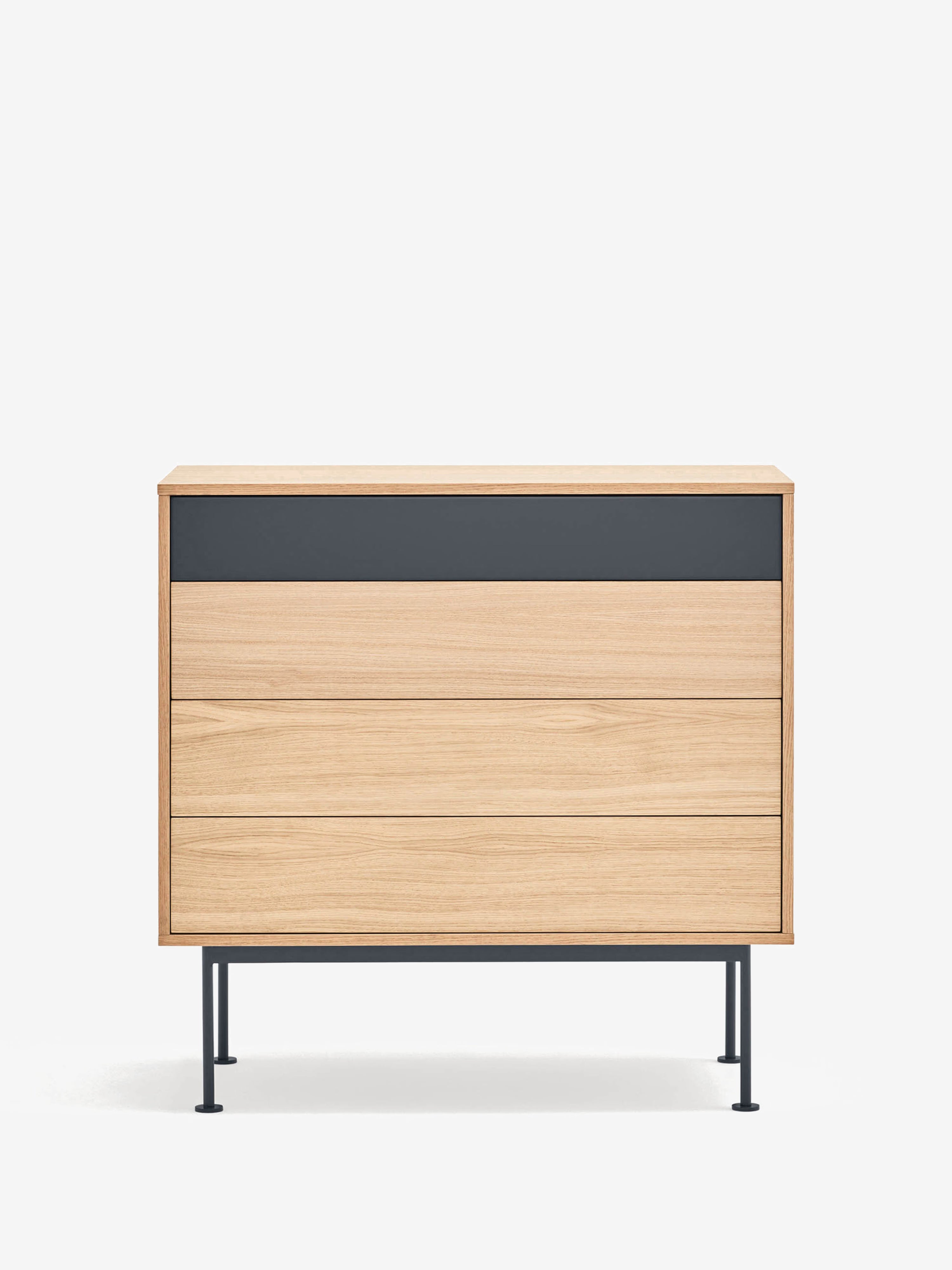Yoko Cassettiera in rovere con cassetto superiore laccato - comò con base in metallo 90 x 91 cm
