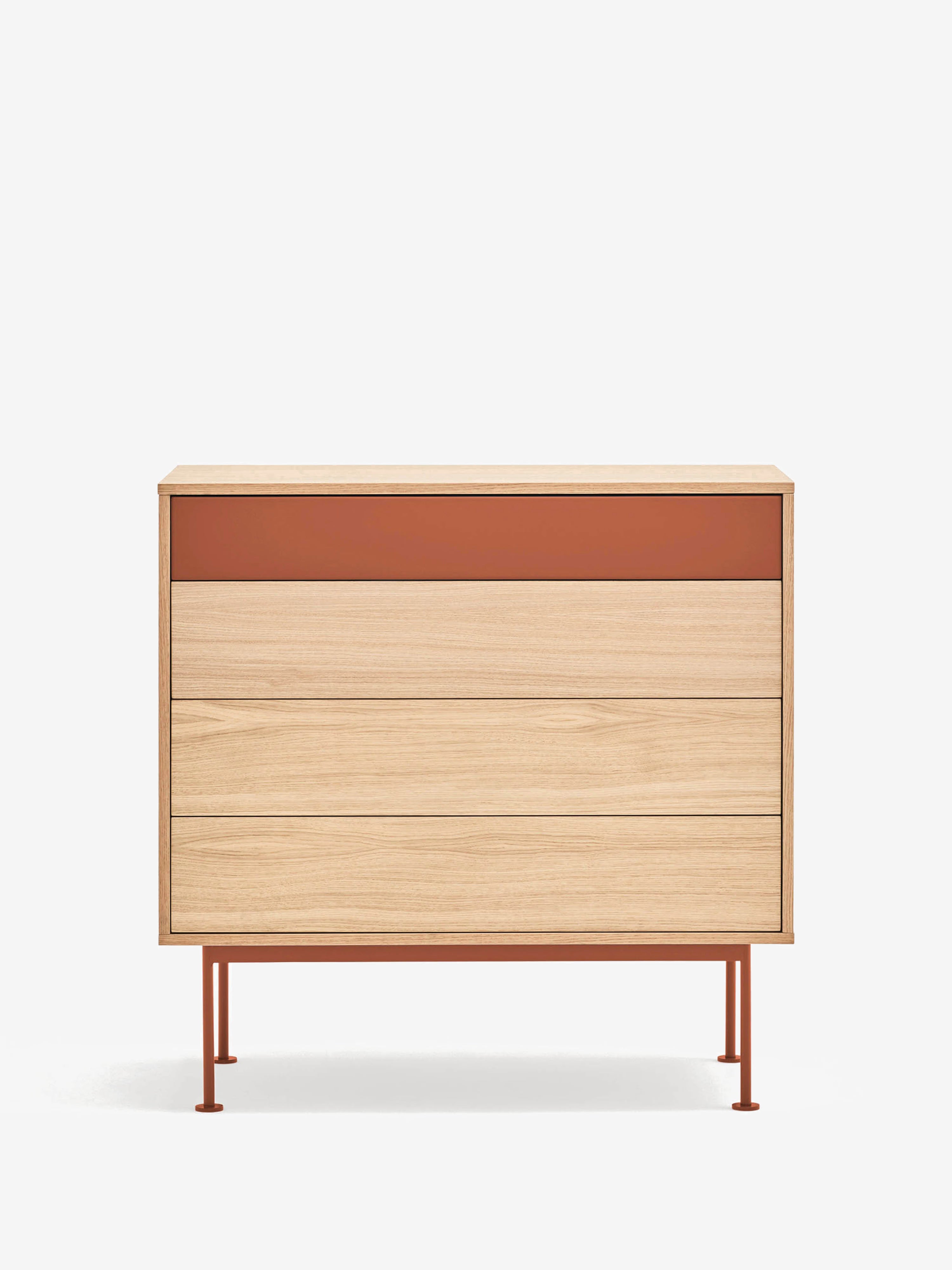 Yoko Cassettiera in rovere con cassetto superiore laccato - comò con base in metallo 90 x 91 cm