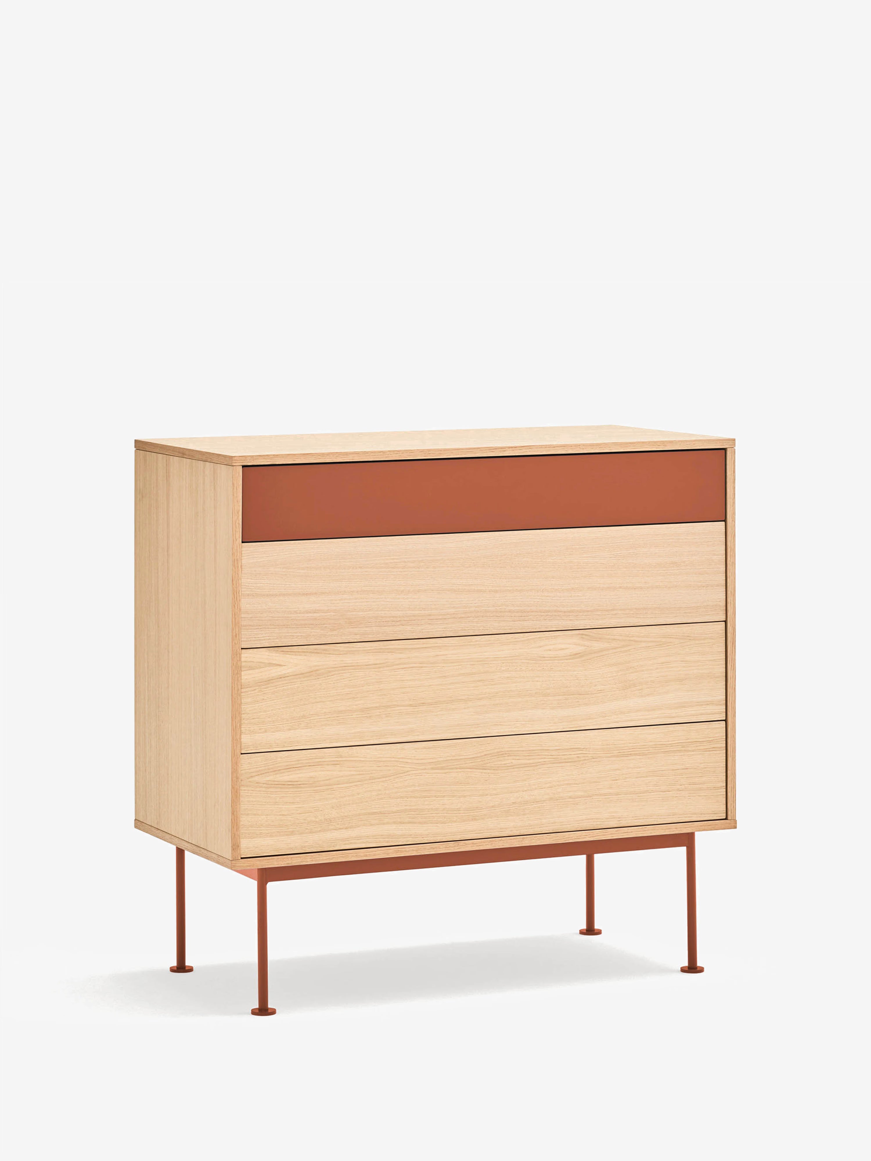 Yoko Cassettiera in rovere con cassetto superiore laccato - comò con base in metallo 90 x 91 cm