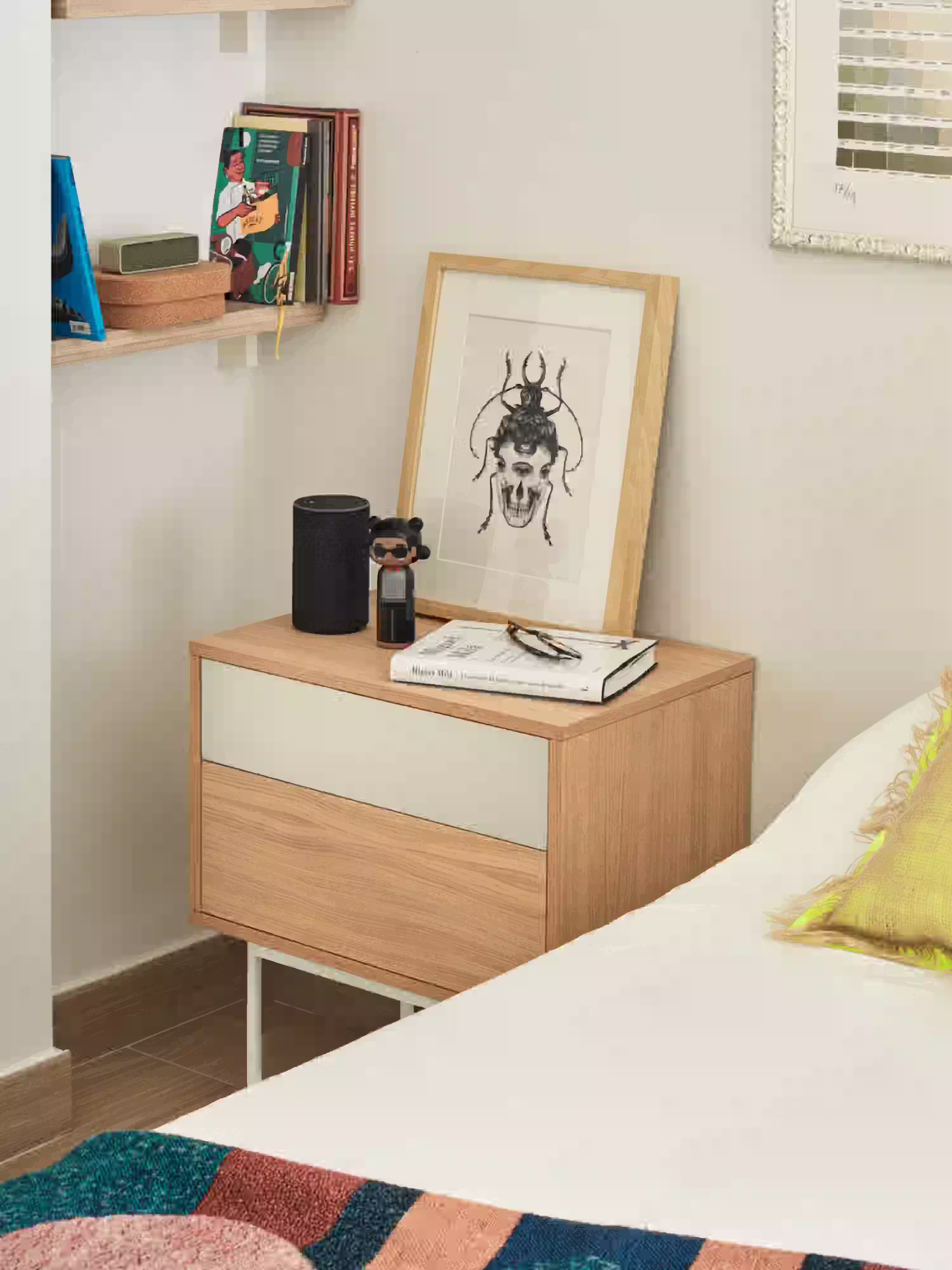 Yoko Comodino in rovere e MDF laccato - 2 cassetti e base in metallo
