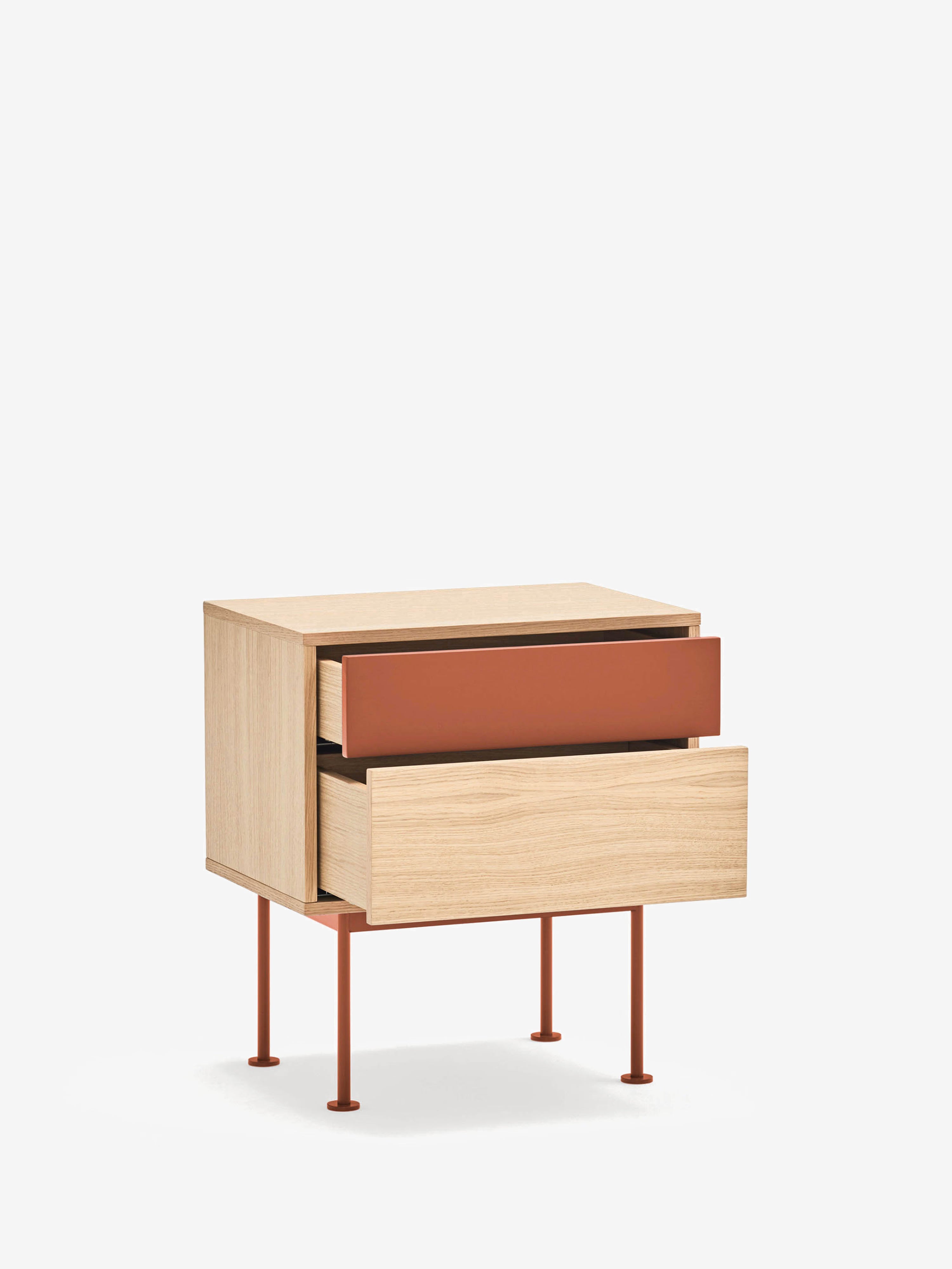 Yoko Comodino in rovere e MDF laccato - 2 cassetti e base in metallo