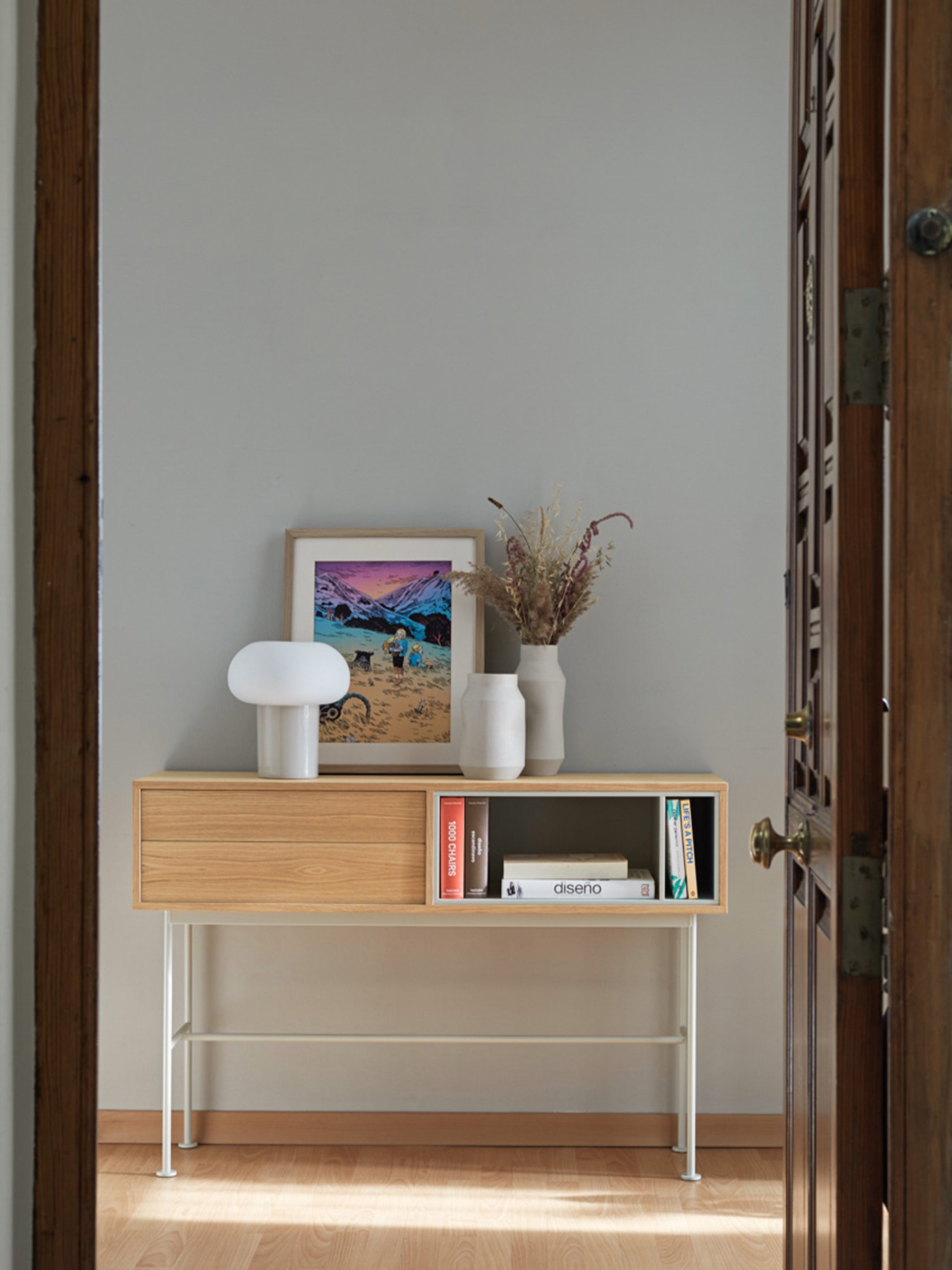 Yoko consola en roble con cajones y nichos lacados - mueble de entrada 120 x 80 cm