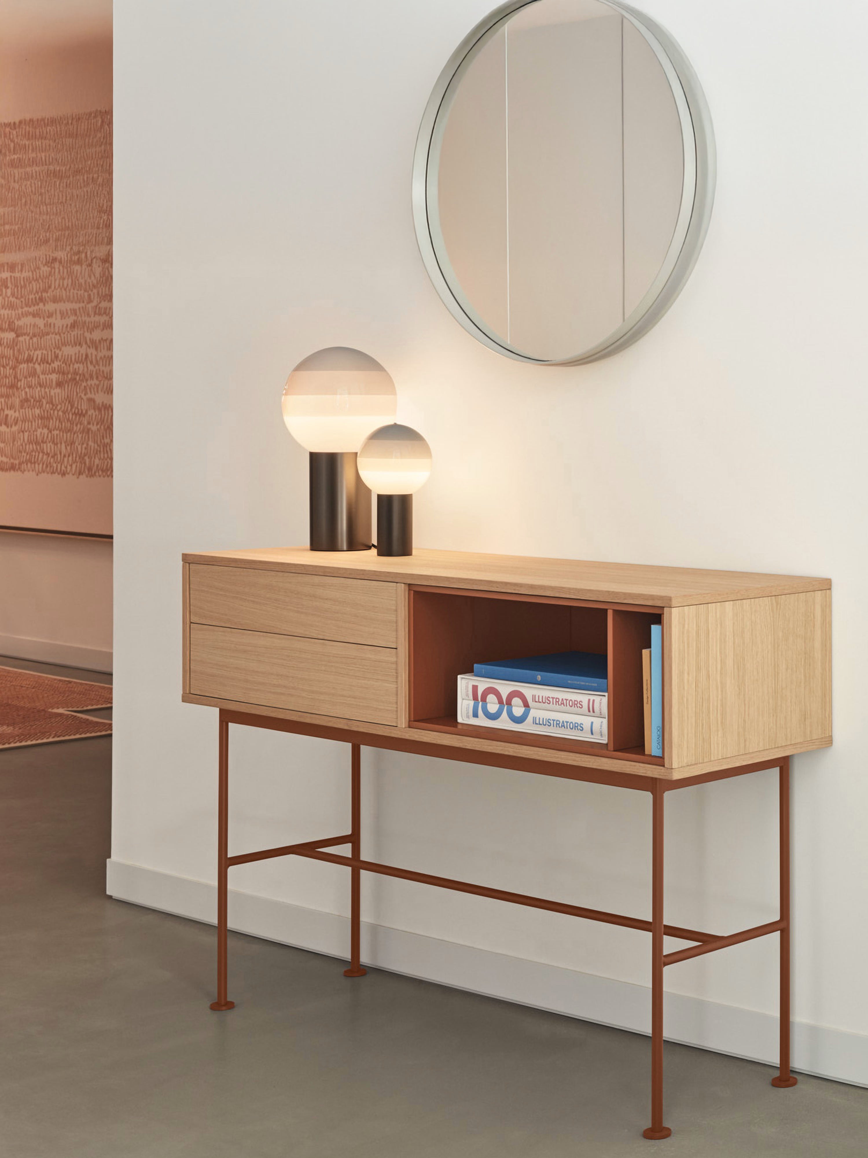 Yoko consola en roble con cajones y nichos lacados - mueble de entrada 120 x 80 cm