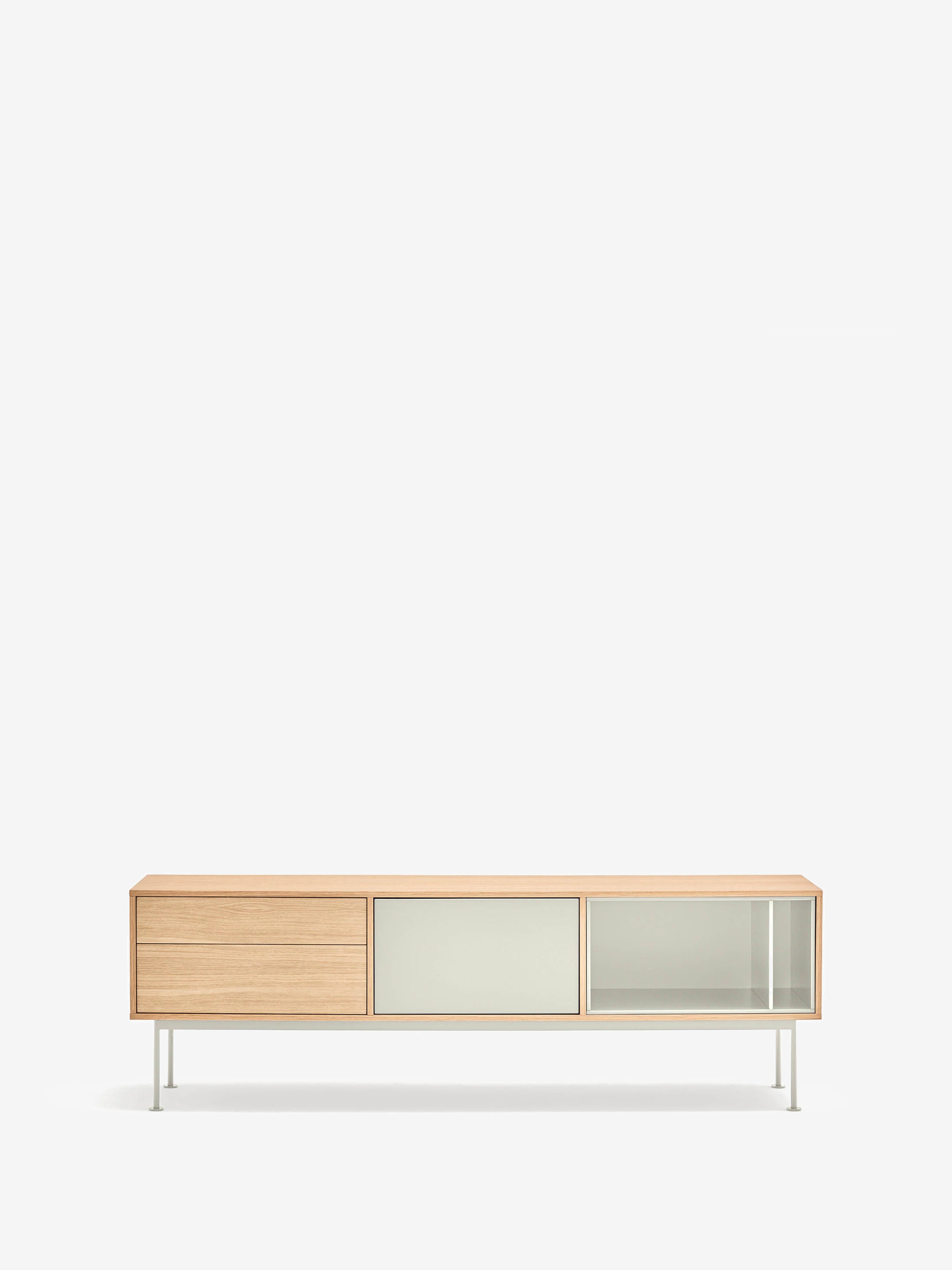 Yoko mueble TV en roble con puertas lacadas y base de metal 180 x 59 cm
