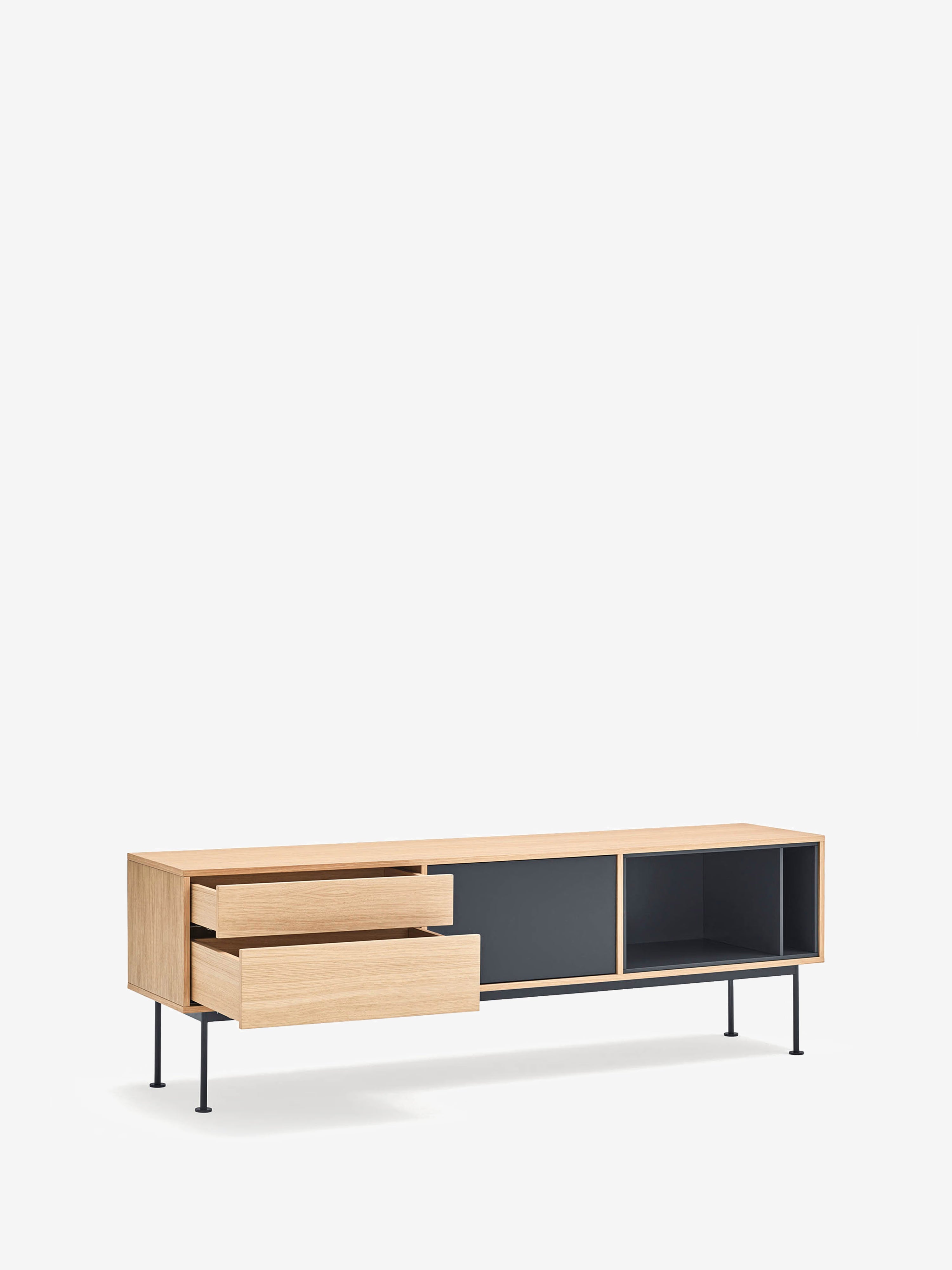 Yoko mueble TV en roble con puertas lacadas y base de metal 180 x 59 cm