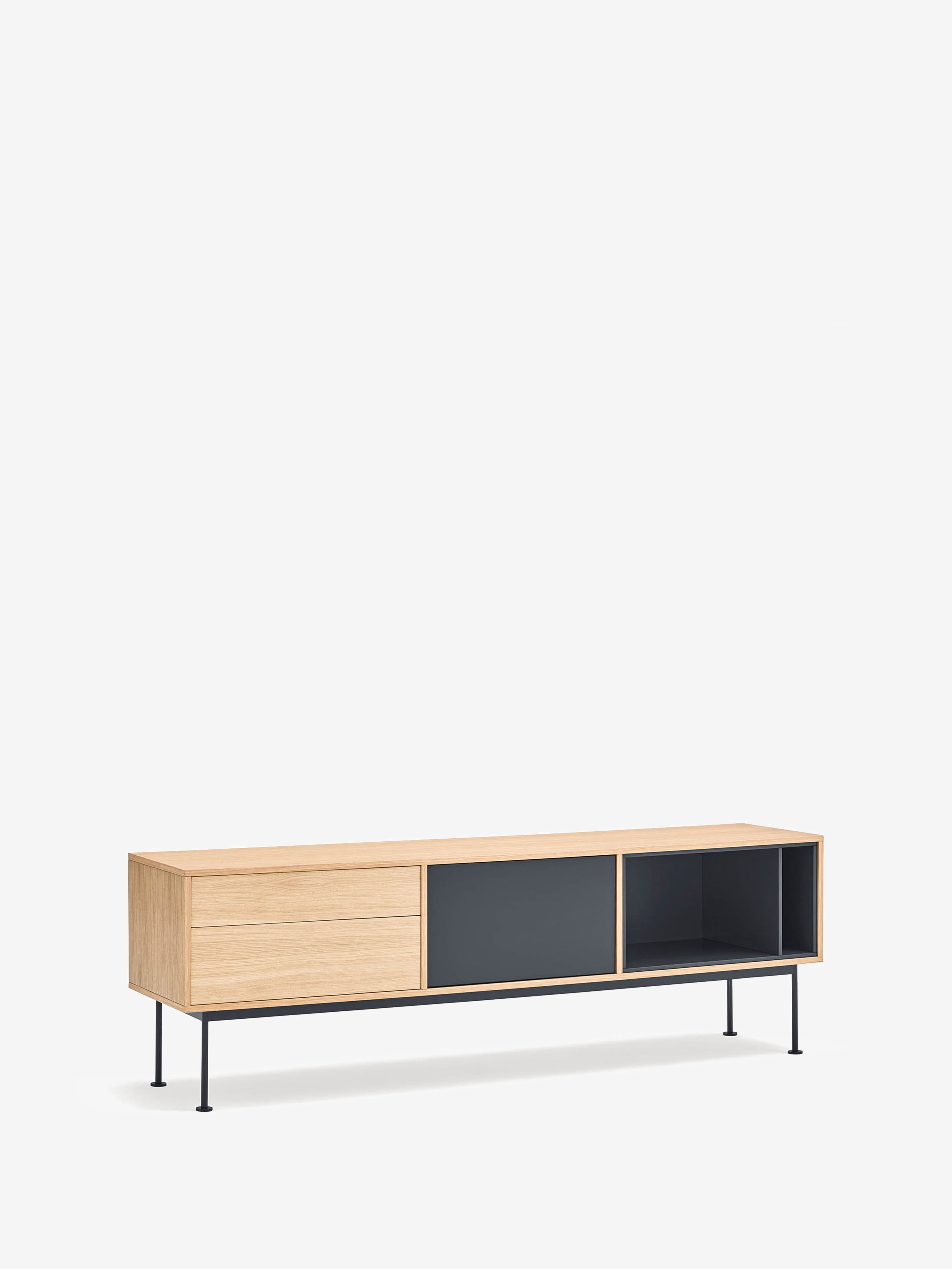 Yoko mueble TV en roble con puertas lacadas y base de metal 180 x 59 cm