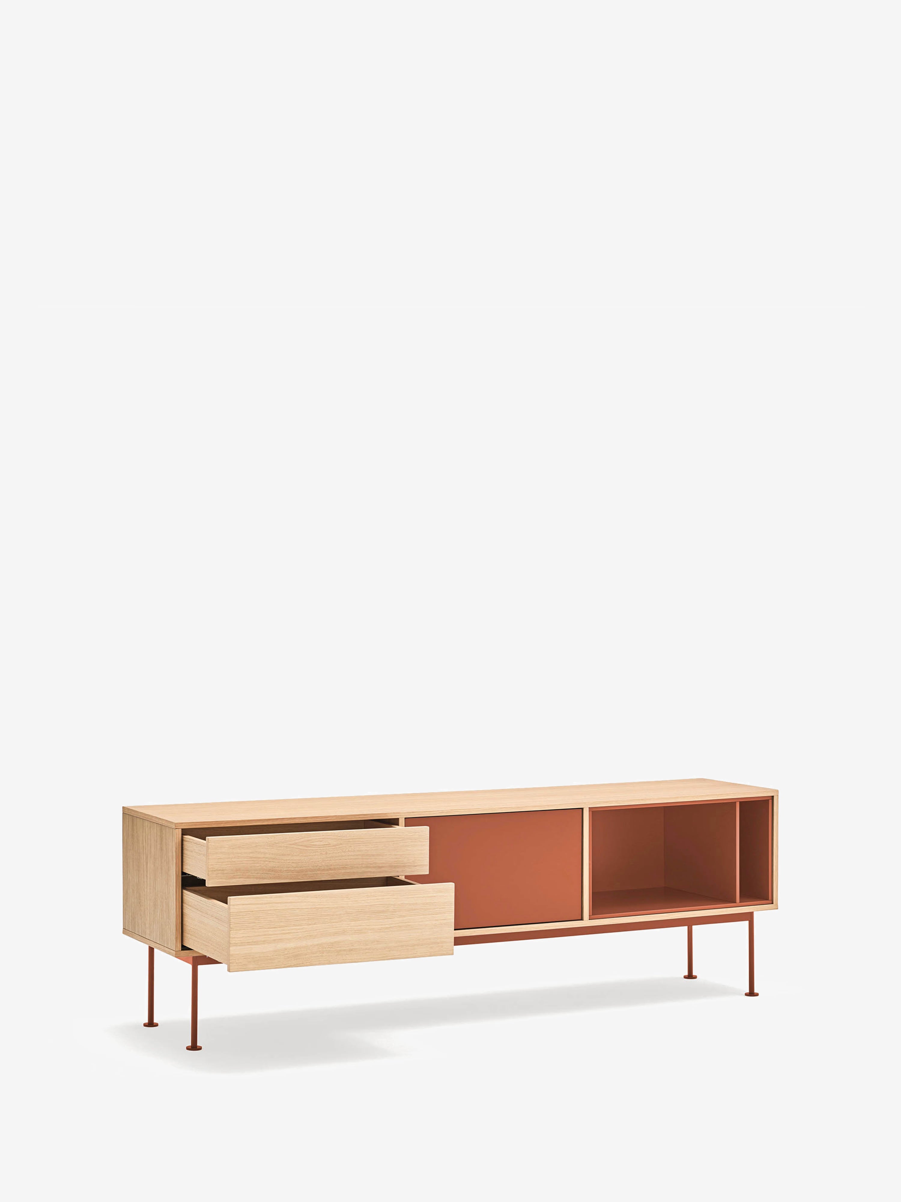 Yoko mueble TV en roble con puertas lacadas y base de metal 180 x 59 cm