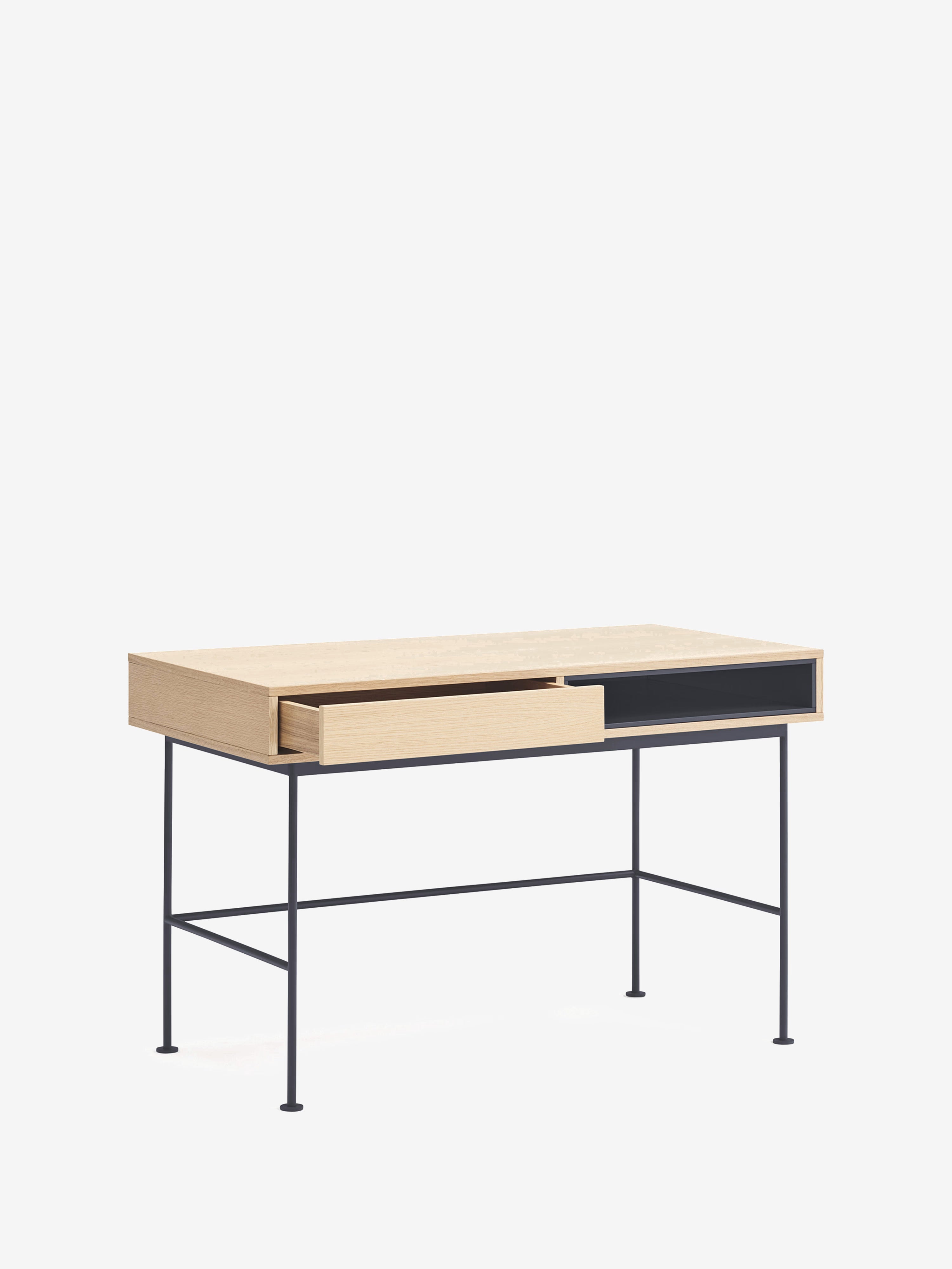 Yoko Schreibtisch 120 cm aus Eiche mit Schublade und lackiertem Fach sowie Metallbasis
