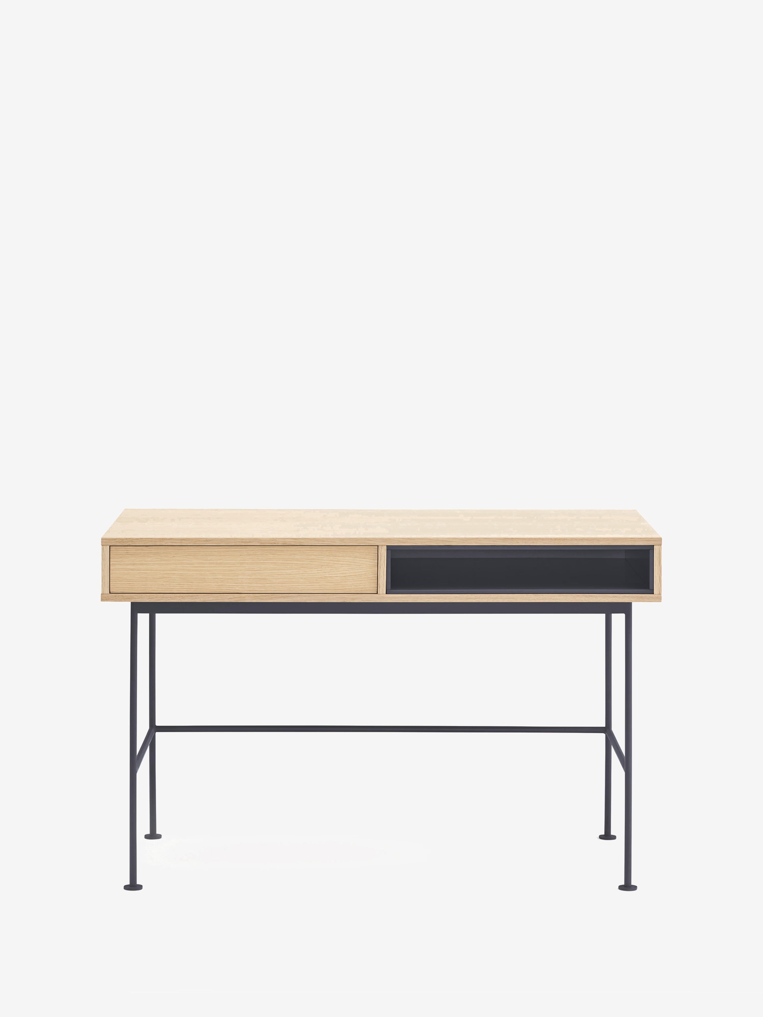 Yoko Schreibtisch 120 cm aus Eiche mit Schublade und lackiertem Fach sowie Metallbasis