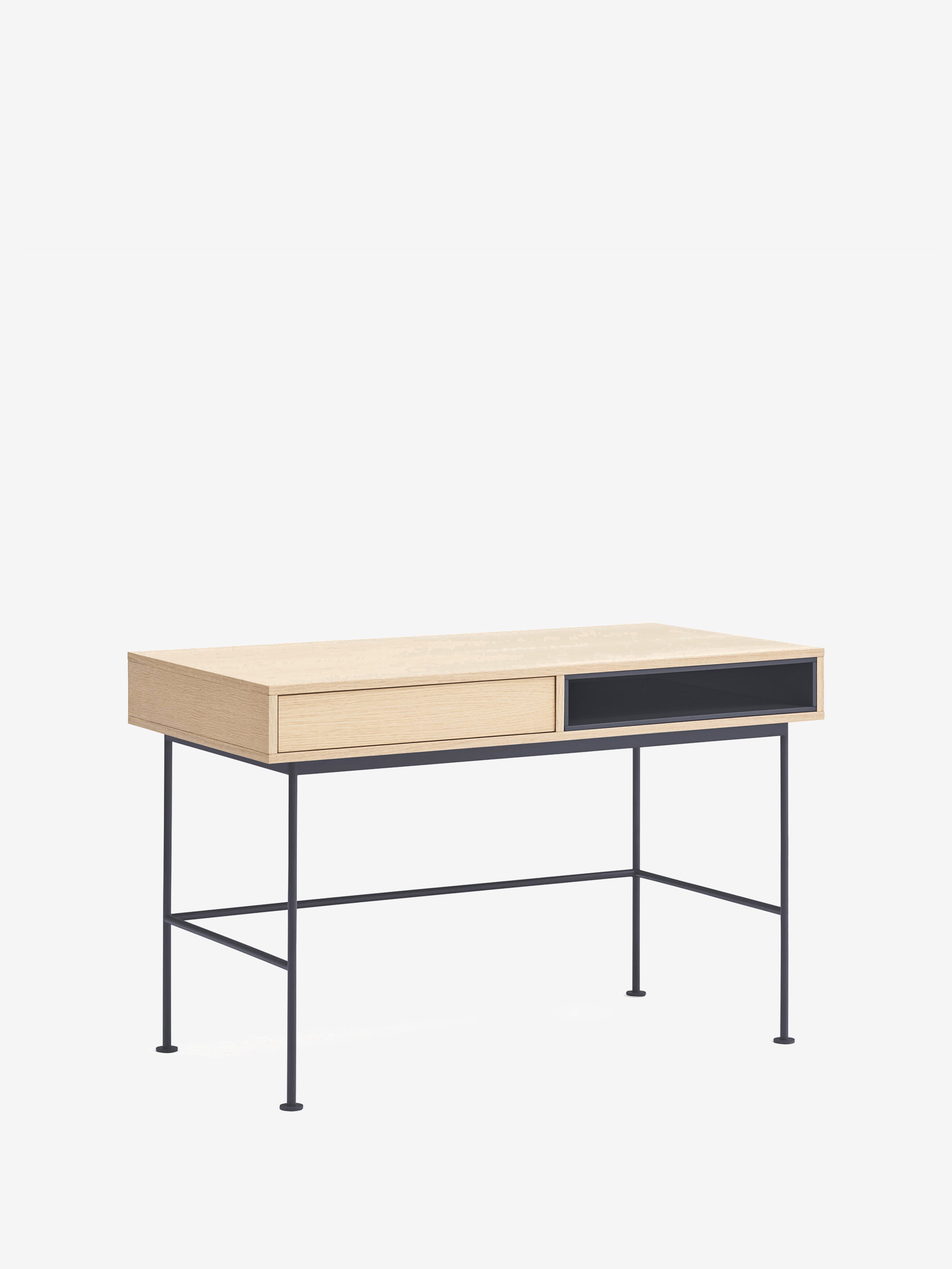 Yoko Schreibtisch 120 cm aus Eiche mit Schublade und lackiertem Fach sowie Metallbasis