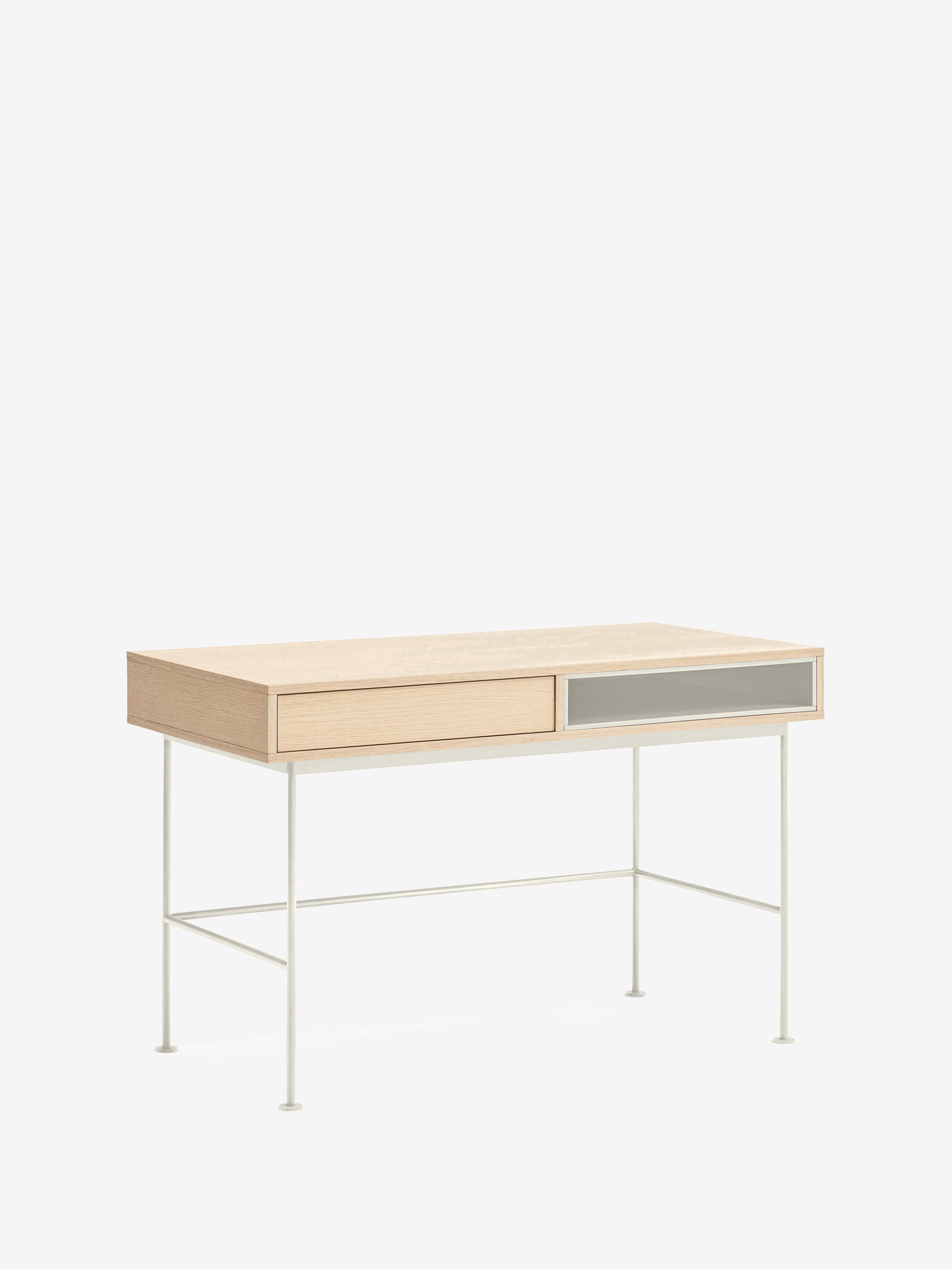 Yoko Schreibtisch 120 cm aus Eiche mit Schublade und lackiertem Fach sowie Metallbasis