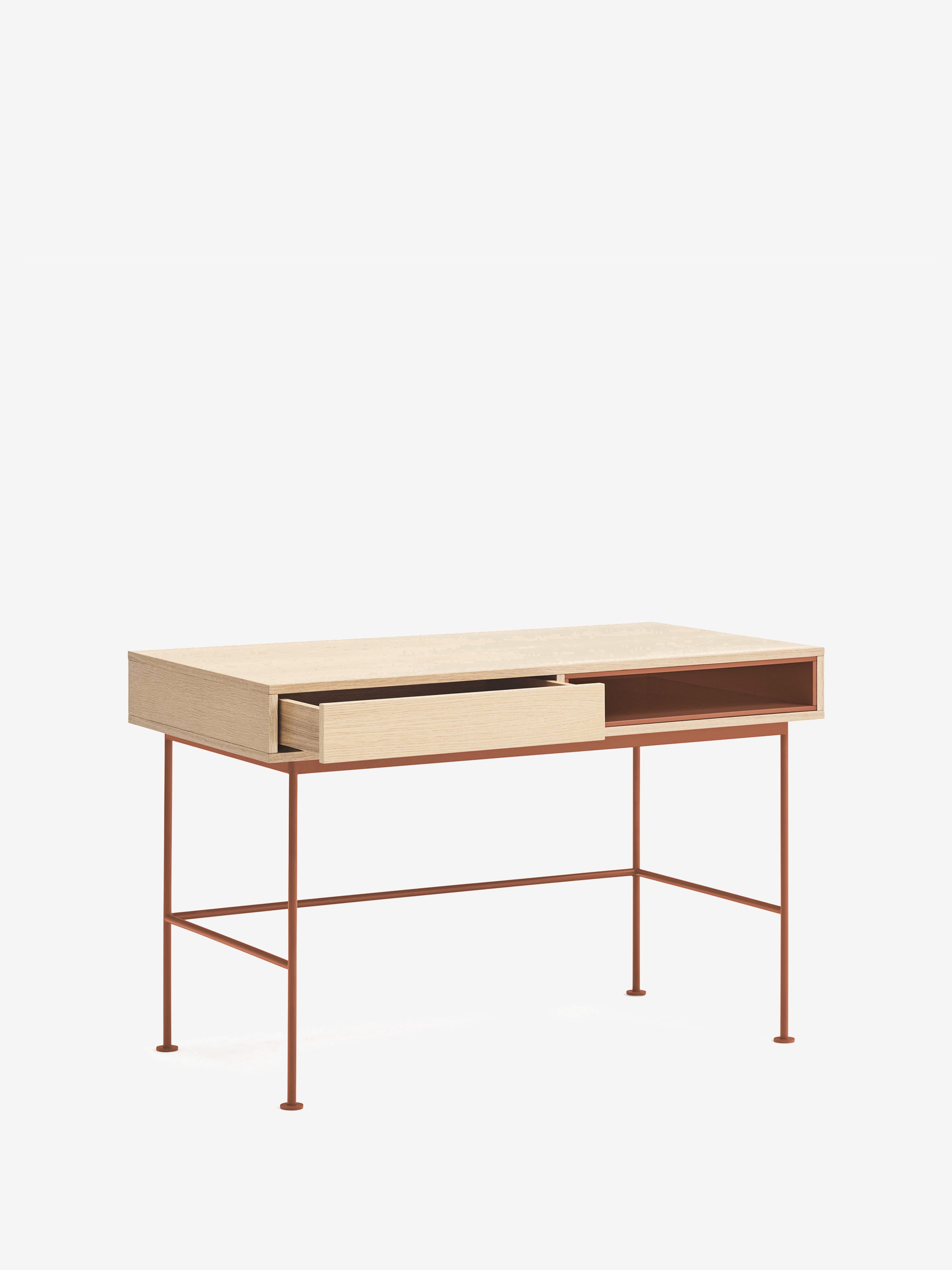 Yoko Schreibtisch 120 cm aus Eiche mit Schublade und lackiertem Fach sowie Metallbasis