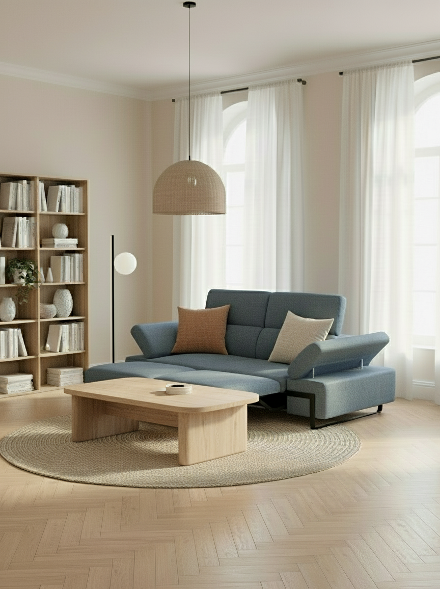 Zayana sofa with pull-out element 2 and 3 seats, reclining armrests and headrests in waterproof fabric