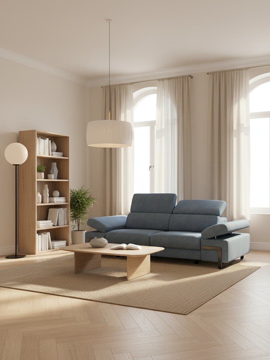 Zayana sofa with pull-out element 2 and 3 seats, reclining armrests and headrests in waterproof fabric