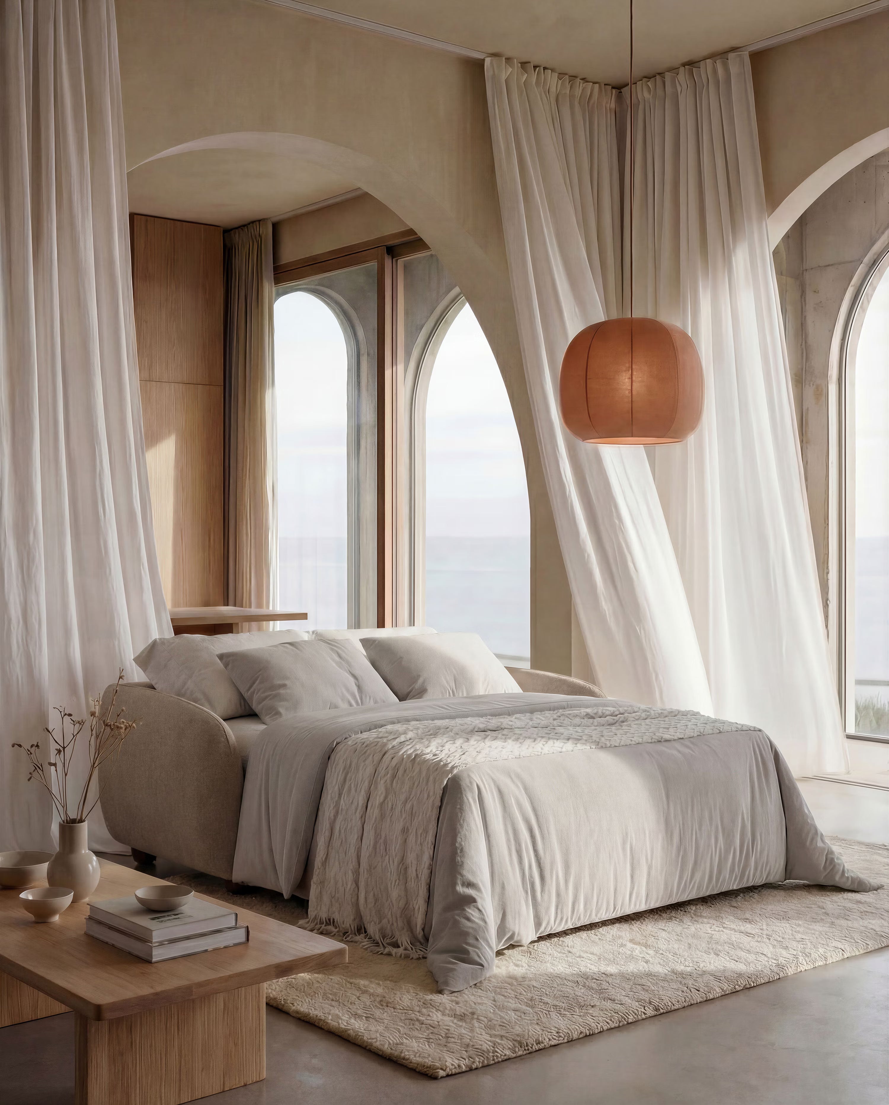 Giglio Divano letto con materasso alto 18 cm stile Japandi - 2 e 3 posti in bouclé beige impermeabile