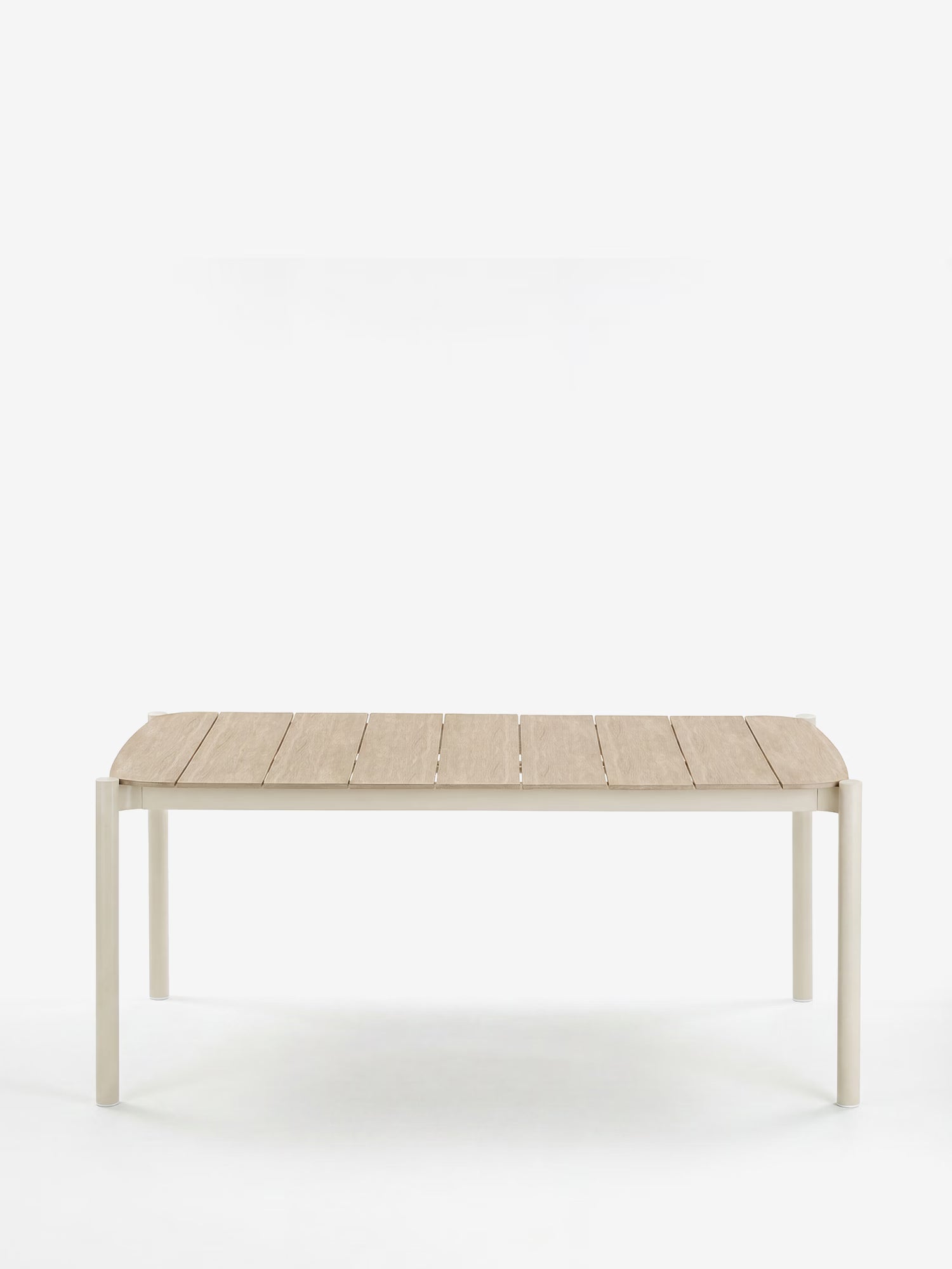 Abela mesa rectangular de exterior 100x200 cm de aluminio color arena y sobre efecto madera natural