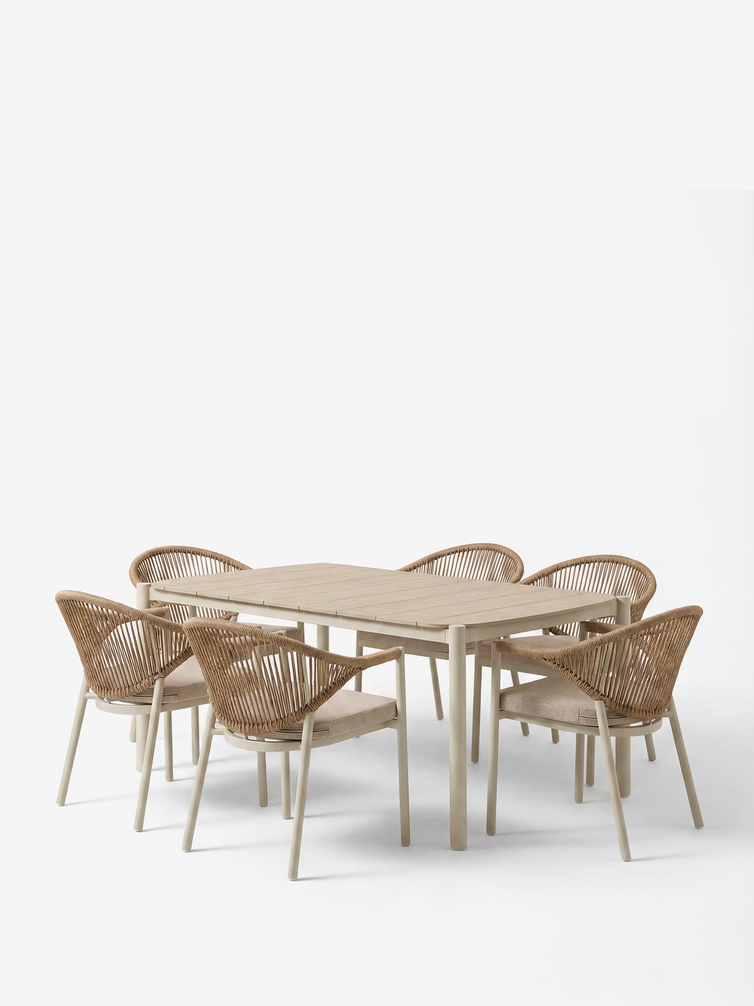 Abela conjunto de comedor de exterior con mesa rectangular 100x200 cm y 6 sillas de aluminio y ratán natural