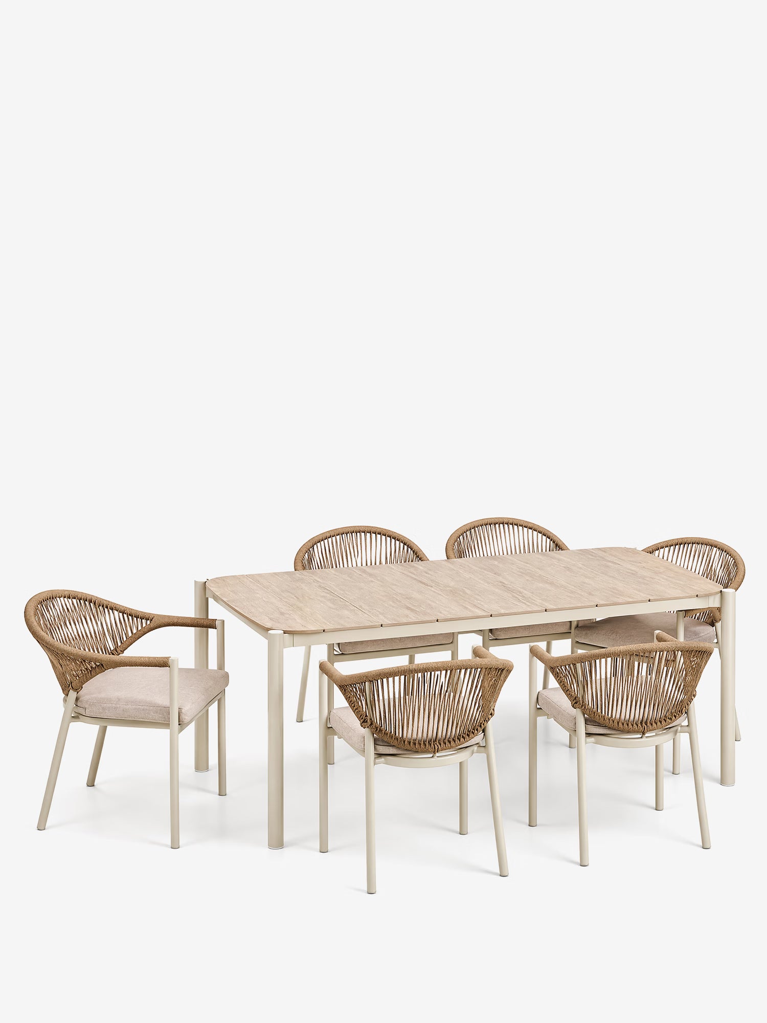 Abela conjunto de comedor de exterior con mesa rectangular 100x200 cm y 6 sillas de aluminio y ratán natural