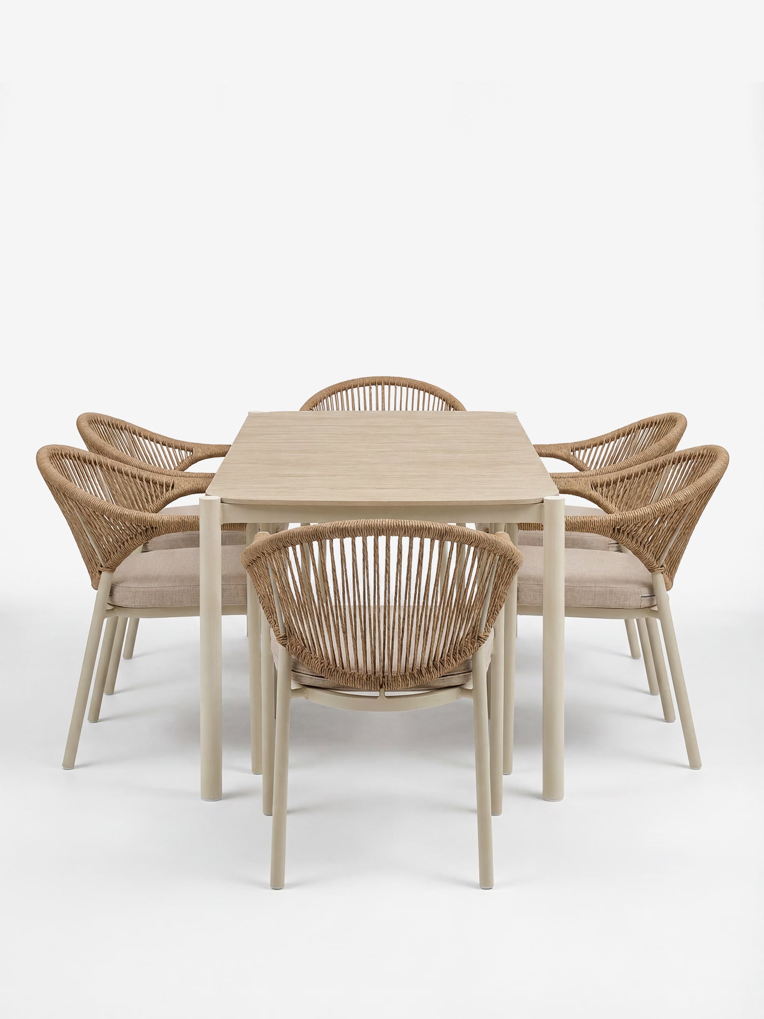 Abela conjunto de comedor de exterior con mesa rectangular 100x200 cm y 6 sillas de aluminio y ratán natural