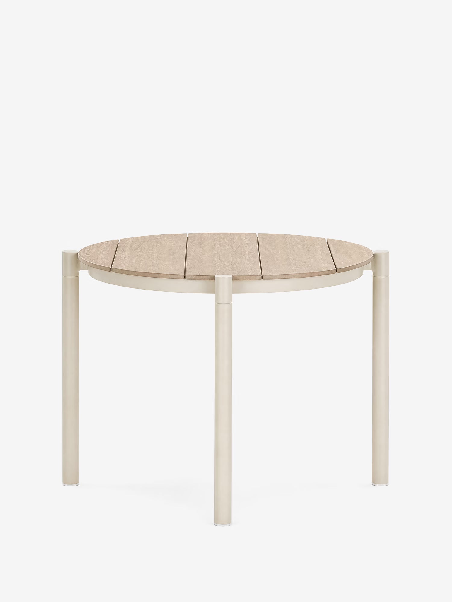 Abela mesa de exterior redonda de 90 cm de aluminio arena y sobre efecto madera