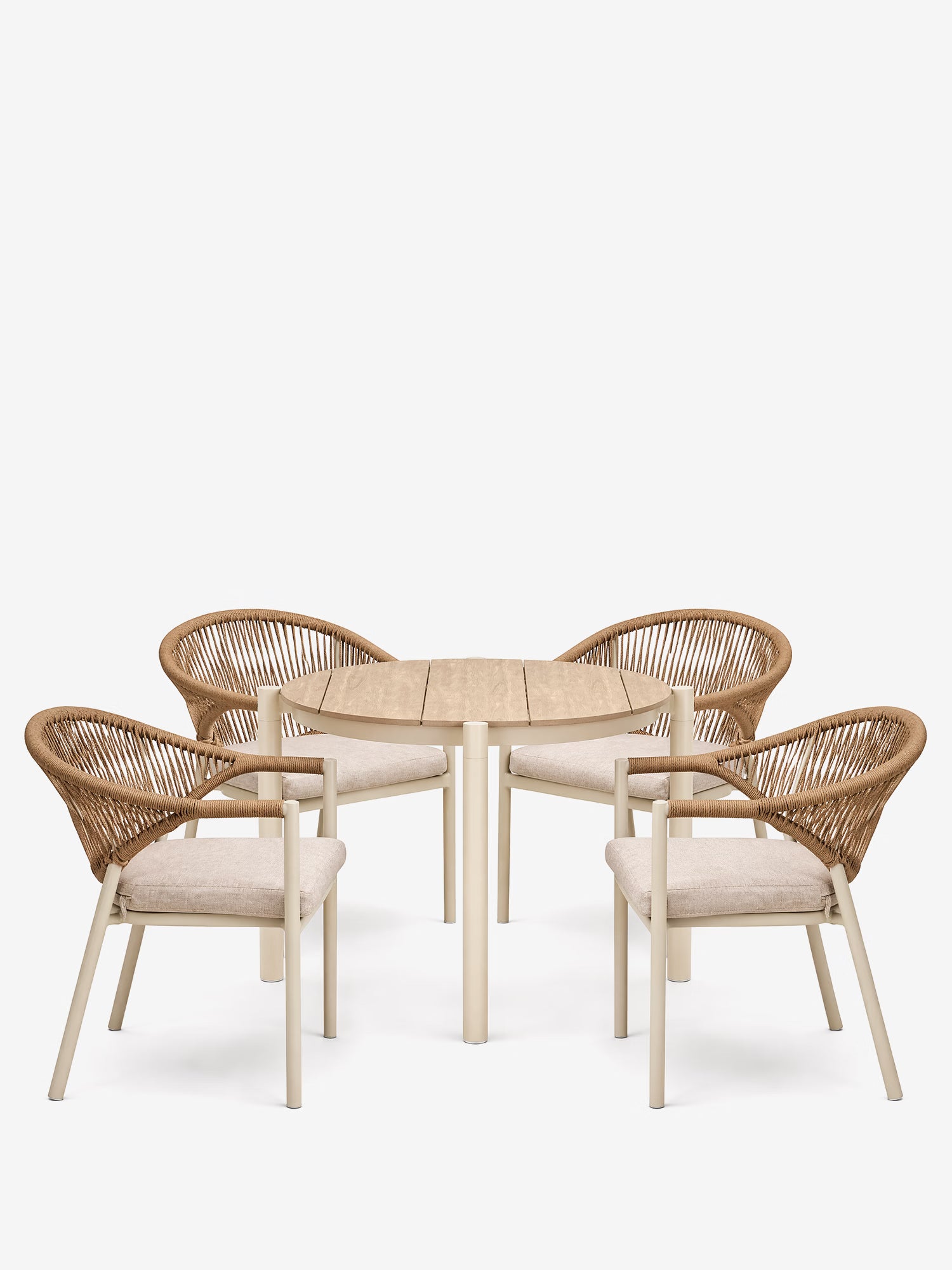 Abela set de comedor de exterior con mesa redonda Ø90 cm y 4 sillas de aluminio y ratán natural
