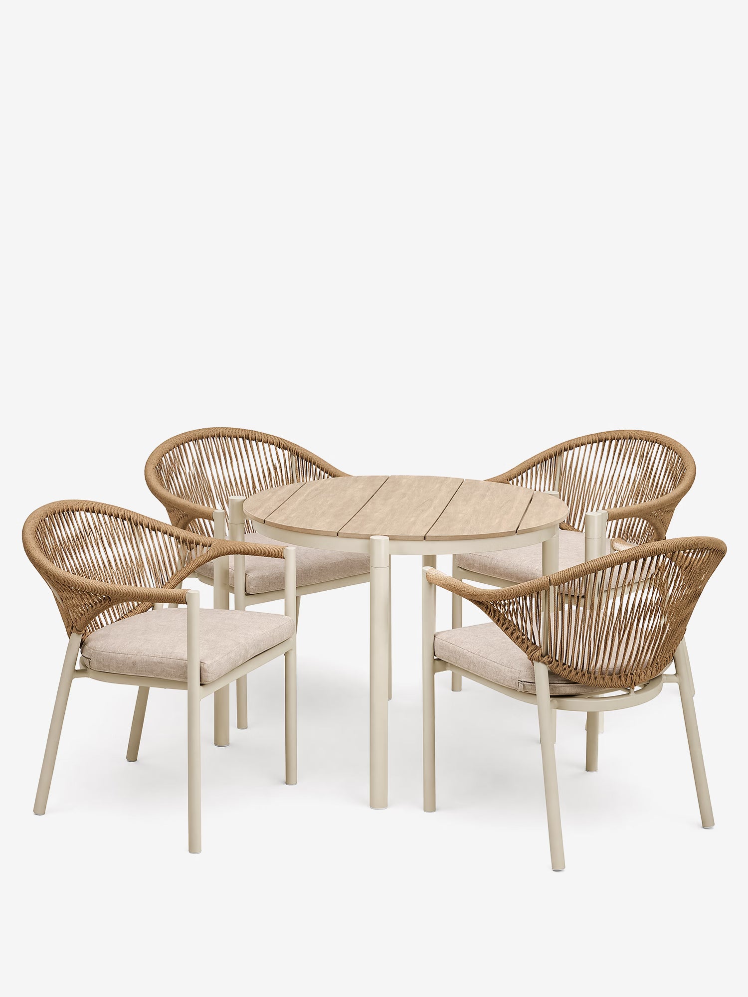 Abela set de comedor de exterior con mesa redonda Ø90 cm y 4 sillas de aluminio y ratán natural