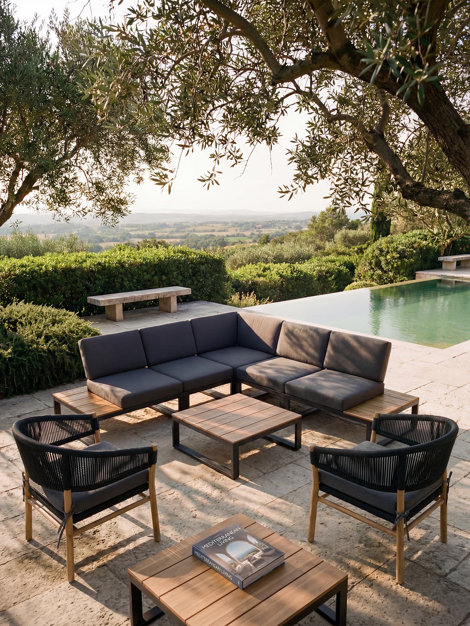 Orion Set lounge angular de exterior de acacia y aluminio antracita con mesa de centro