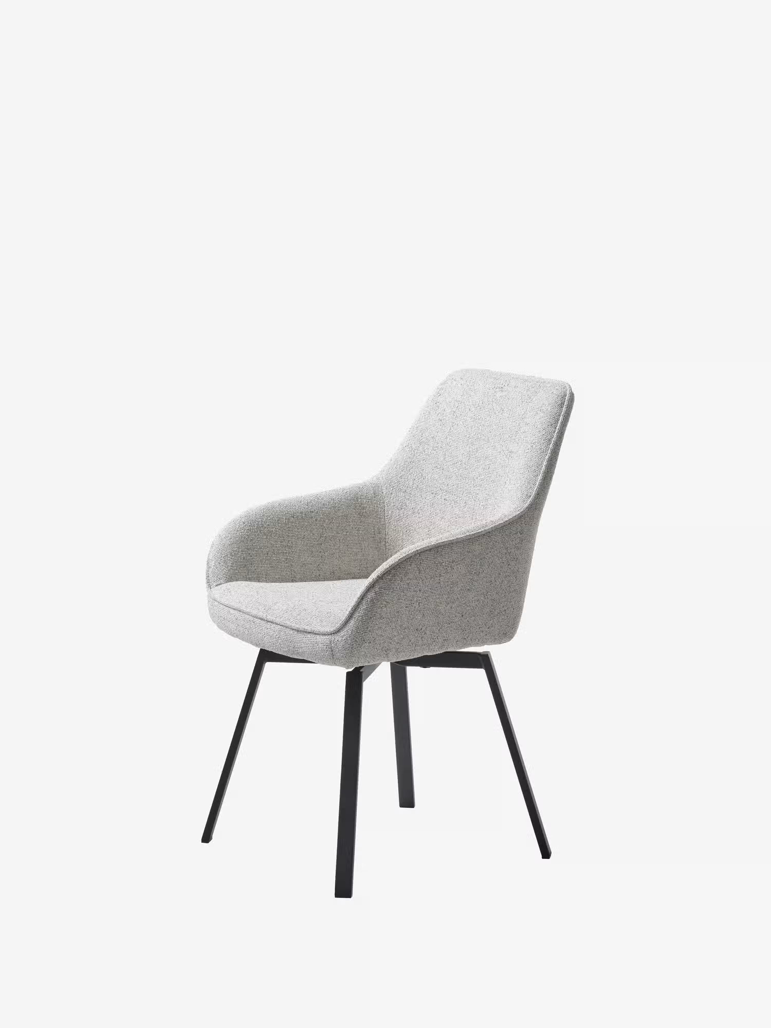Alma swivel padded chair in melange bouclé fabric with black metal base
