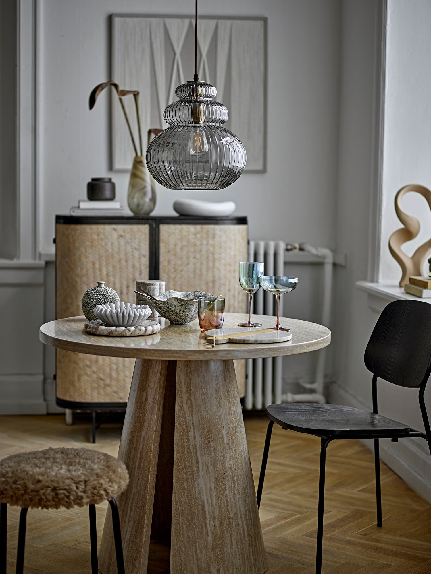 Ames Mesa de comedor redonda de MDF efecto travertino natural Ø90 cm