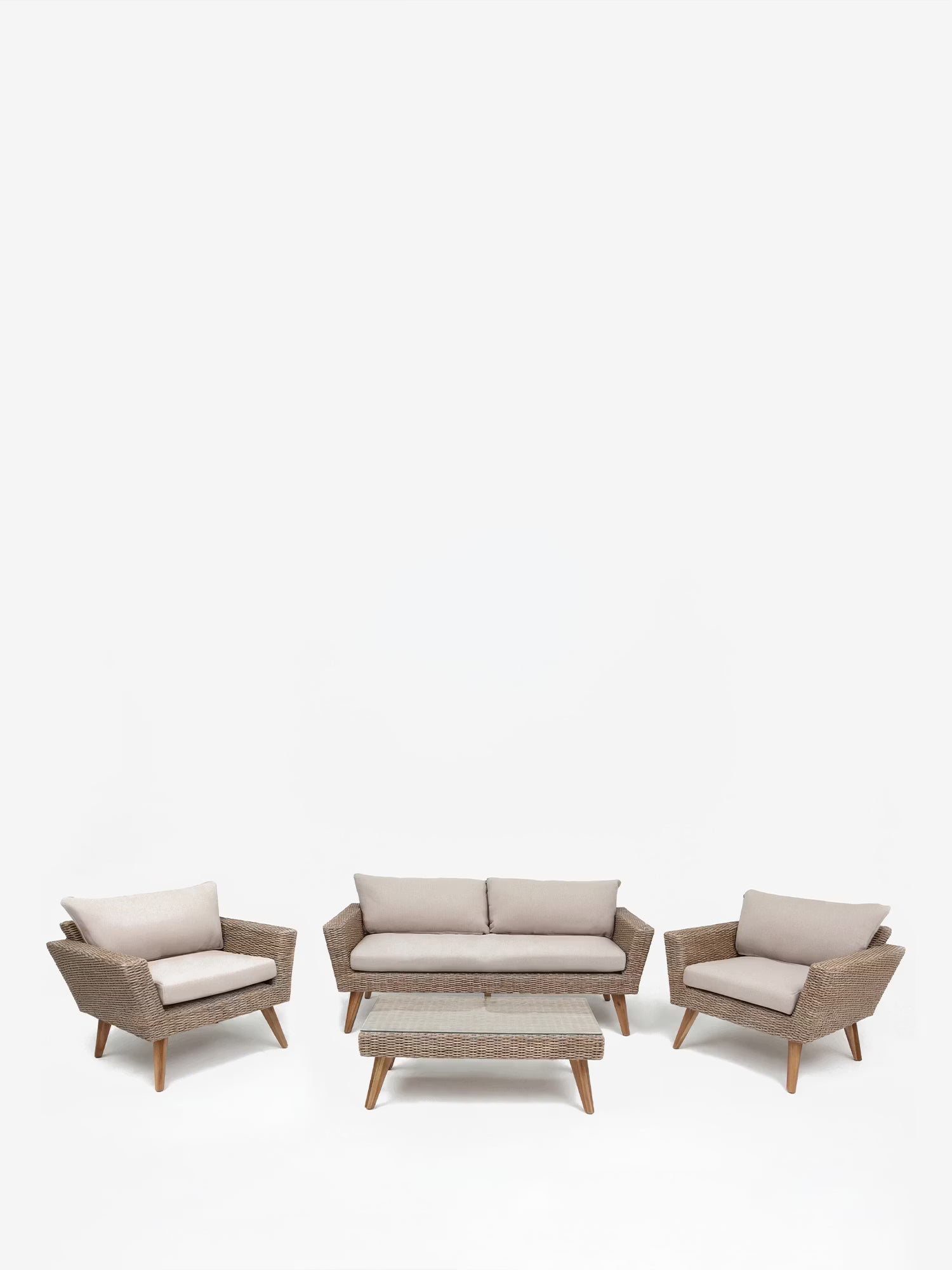 Evara Set de exterior de poliratán natural con sofá, 2 sillones y mesa de centro
