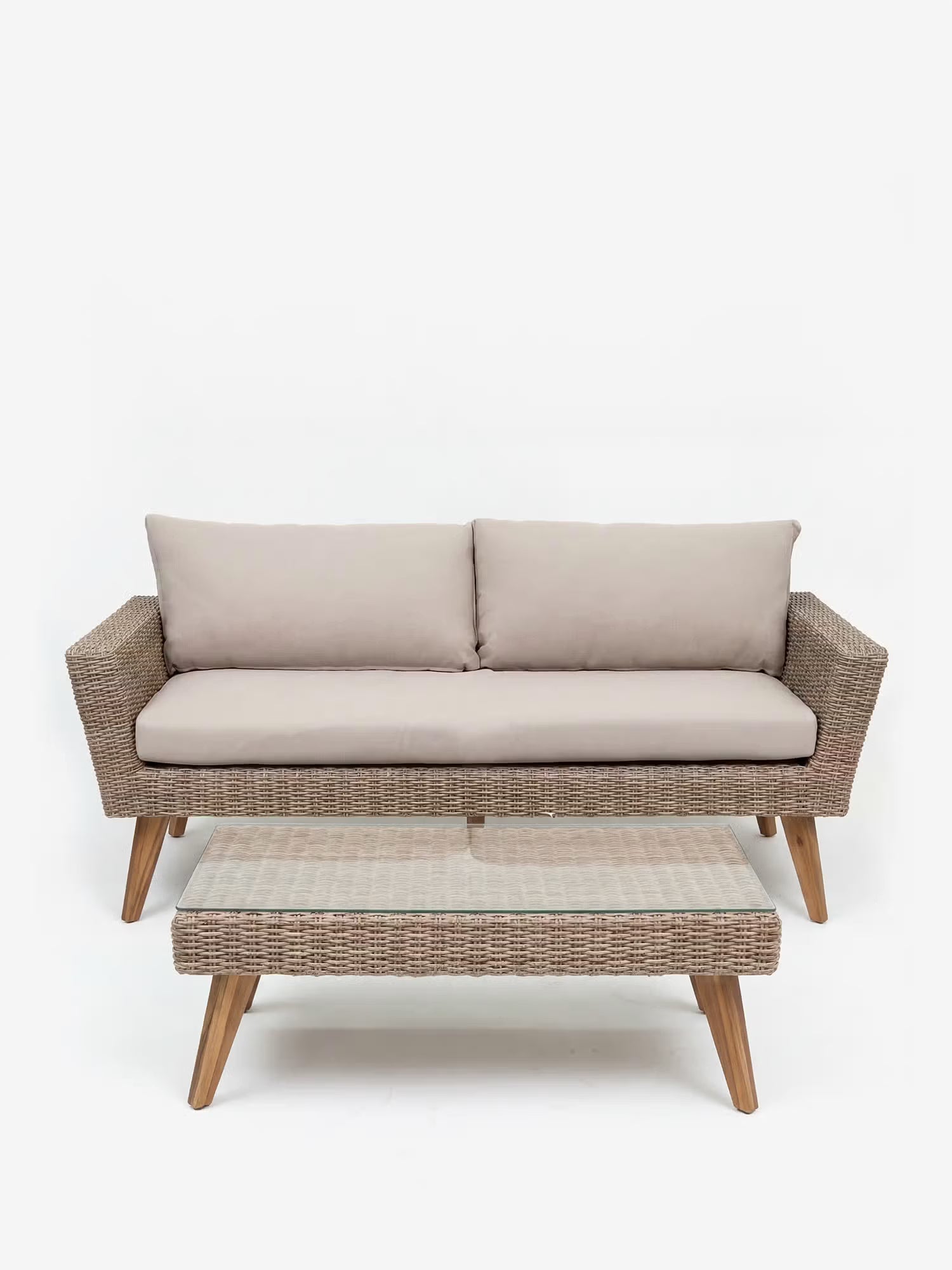 Evara Set de exterior de poliratán natural con sofá, 2 sillones y mesa de centro