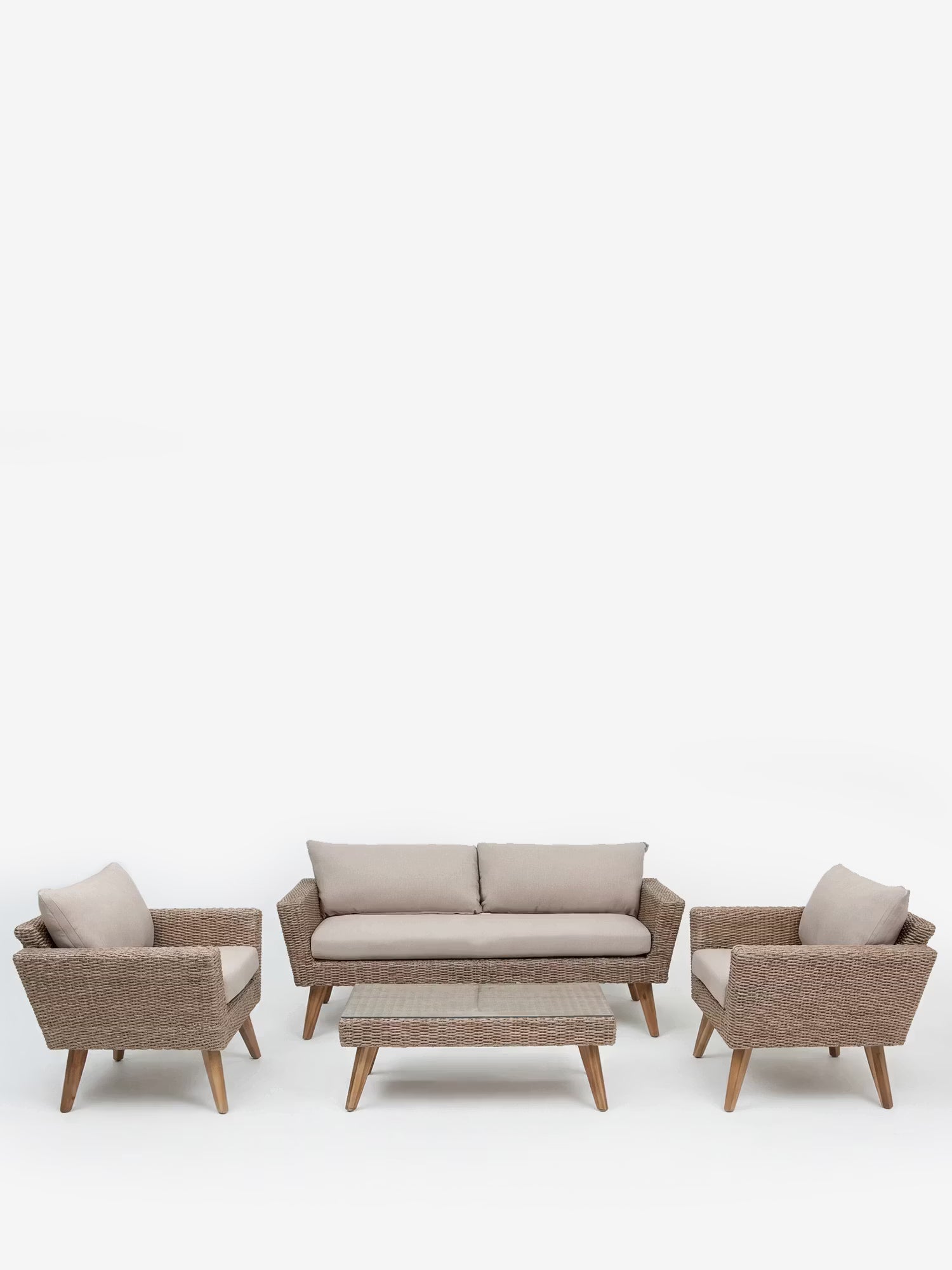 Evara Set per esterno in Polyrattan naturale con divano, 2 poltrone e tavolino