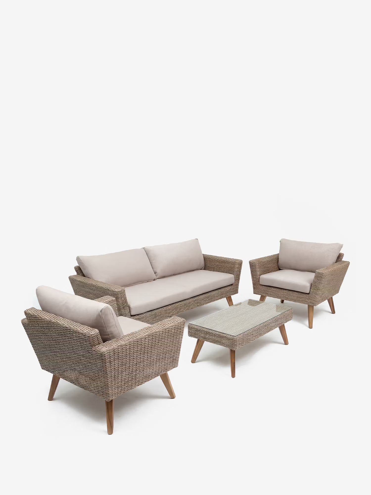 Evara Set de exterior de poliratán natural con sofá, 2 sillones y mesa de centro