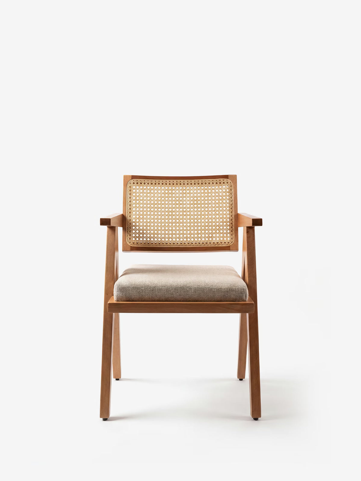 Antea Chair with armrests in Oak - rattan backrest and padded seat in cotton-blend fabric